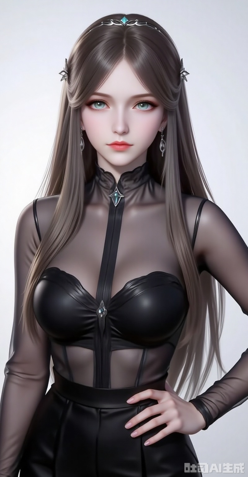 ningrongrong,1girl,solo,long hair,hair ornament,lips,closed mouth,brown hair,braid,blue eyes,green eyes,looking at viewer,
1girl,solo,jewelry,earrings,see-through,dress,upper body,black dress,hand on own hip,breasts,see-through sleeves, 
cover,gradient background,close-up details,outstanding style,adding a touch of dimension to your images without compromising details,close-up,white_background,simple background,lvjing

