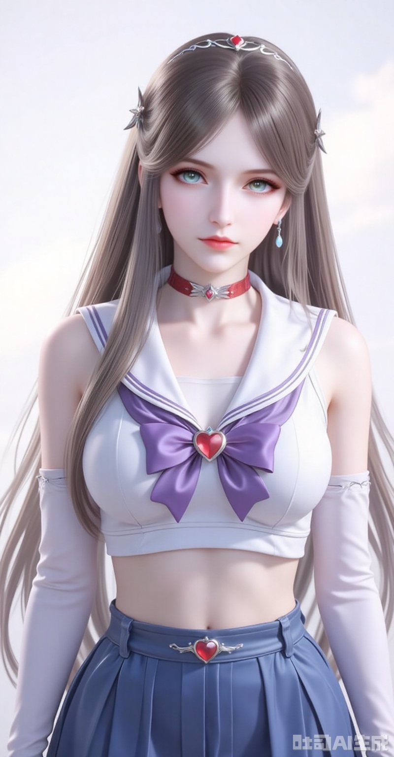ningrongrong,1girl,solo,long hair,hair ornament,lips,closed mouth,brown hair,braid,blue eyes,green eyes,looking at viewer,
1girl,sailor senshi uniform,solo,jewelry,skirt,gloves,earrings,blue skirt,white gloves,sailor collar,bow,breasts,choker,elbow gloves,magical girl,back bow,covered navel,pleated skirt,looking at viewer,brooch,purple bow,heart brooch,red choker,miniskirt,closed mouth,large breasts,collarbone,red gemstone,tiara,cowboy shot, 
cover,gradient background,close-up details,outstanding style,adding a touch of dimension to your images without compromising details,close-up,white_background,simple background,lvjing
