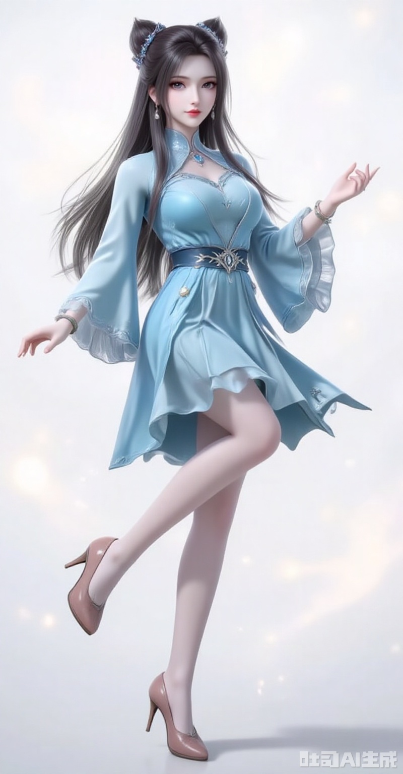 zhuzhuqing,1girl,solo,long hair,hair bun,double bun,black hair,looking at viewer,closed mouth,lips,jewelry,earrings,
ning,1girl,solo,high heels,dress,white background,full body,pantyhose,hair ornament,bracelet,jewelry,blue dress,long sleeves,simple background,bare legs,leg up,
cover,gradient background,close-up details,outstanding style,adding a touch of dimension to your images without compromising details,close-up,white_background,simple background,lvjing
