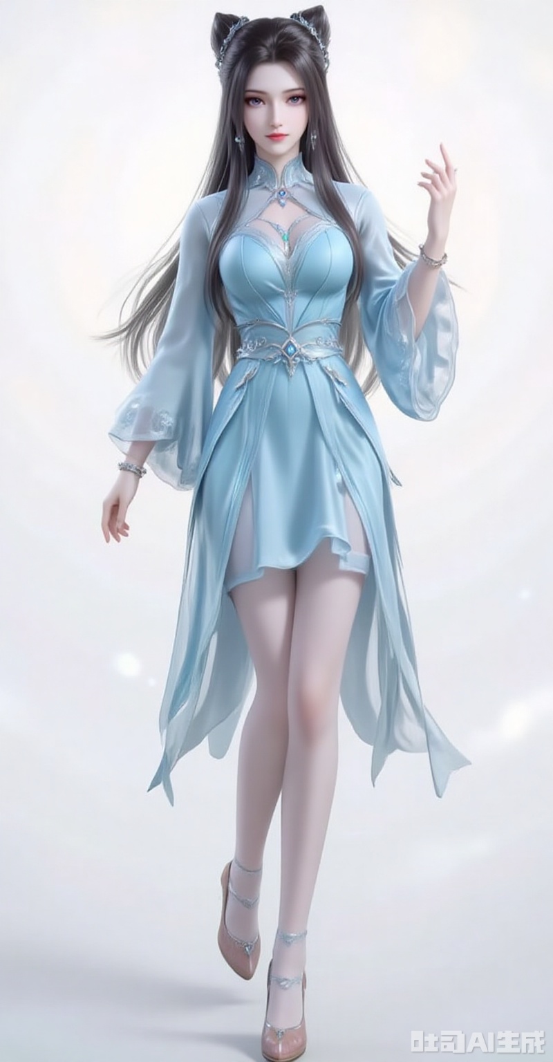 zhuzhuqing,1girl,solo,long hair,hair bun,double bun,black hair,looking at viewer,closed mouth,lips,jewelry,earrings,
ning,1girl,solo,high heels,dress,white background,full body,pantyhose,hair ornament,bracelet,jewelry,blue dress,long sleeves,simple background,bare legs,leg up,
cover,gradient background,close-up details,outstanding style,adding a touch of dimension to your images without compromising details,close-up,white_background,simple background,lvjing
