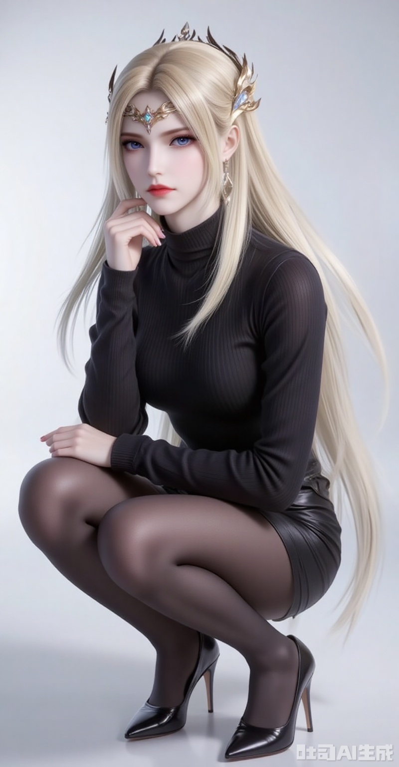 qianrenxue,1girl,solo,blue eyes,blonde hair,hair ornament,long hair,closed mouth,looking at viewer,jewelry,forehead_jewel,
1girl,solo,pantyhose,high heels,looking at viewer,black footwear,squatting,sweater,quad tails,full body,parted lips,black sweater,earrings,signature,black nails,long sleeves,parted bangs,jewelry,pencil skirt,skirt,bangs,turtleneck,nail polish,black pantyhose,dress,
cover,gradient background,close-up details,outstanding style,adding a touch of dimension to your images without compromising details,close-up,white_background,simple background,lvjing,pifu
