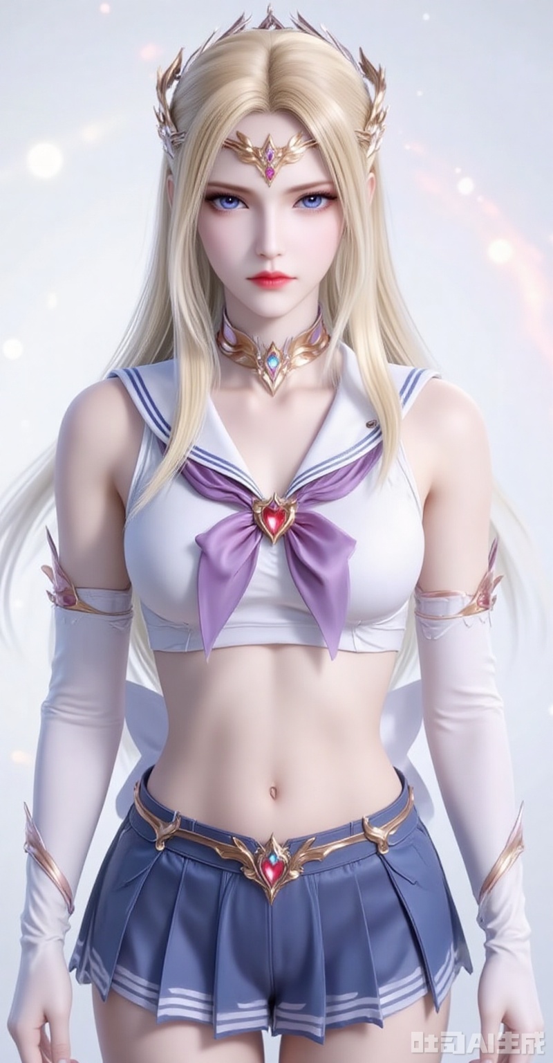 qianrenxue,1girl,solo,blue eyes,blonde hair,hair ornament,long hair,closed mouth,looking at viewer,jewelry,forehead_jewel,
1girl,sailor senshi uniform,solo,jewelry,skirt,gloves,earrings,blue skirt,white gloves,sailor collar,bow,breasts,choker,elbow gloves,magical girl,back bow,covered navel,pleated skirt,looking at viewer,brooch,purple bow,heart brooch,red choker,miniskirt,closed mouth,large breasts,collarbone,red gemstone,tiara,cowboy shot, 
cover,gradient background,close-up details,outstanding style,adding a touch of dimension to your images without compromising details,close-up,white_background,simple background,lvjing,pifu