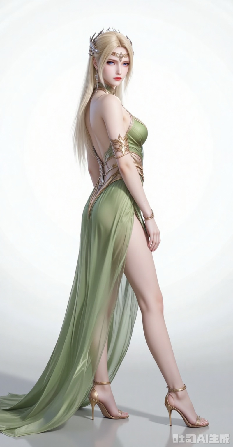 qianrenxue,1girl,solo,blue eyes,blonde hair,hair ornament,long hair,closed mouth,looking at viewer,jewelry,forehead_jewel,
1girl,dress,solo,high heels,green dress,jewelry,breasts,full body,earrings,backless dress,standing,from side,legs,backless outfit,bare shoulders,ass,looking at viewer,armlet,sandals,bare legs,side slit,
cover,gradient background,close-up details,outstanding style,adding a touch of dimension to your images without compromising details,close-up,white_background,simple background,lvjing,pifu