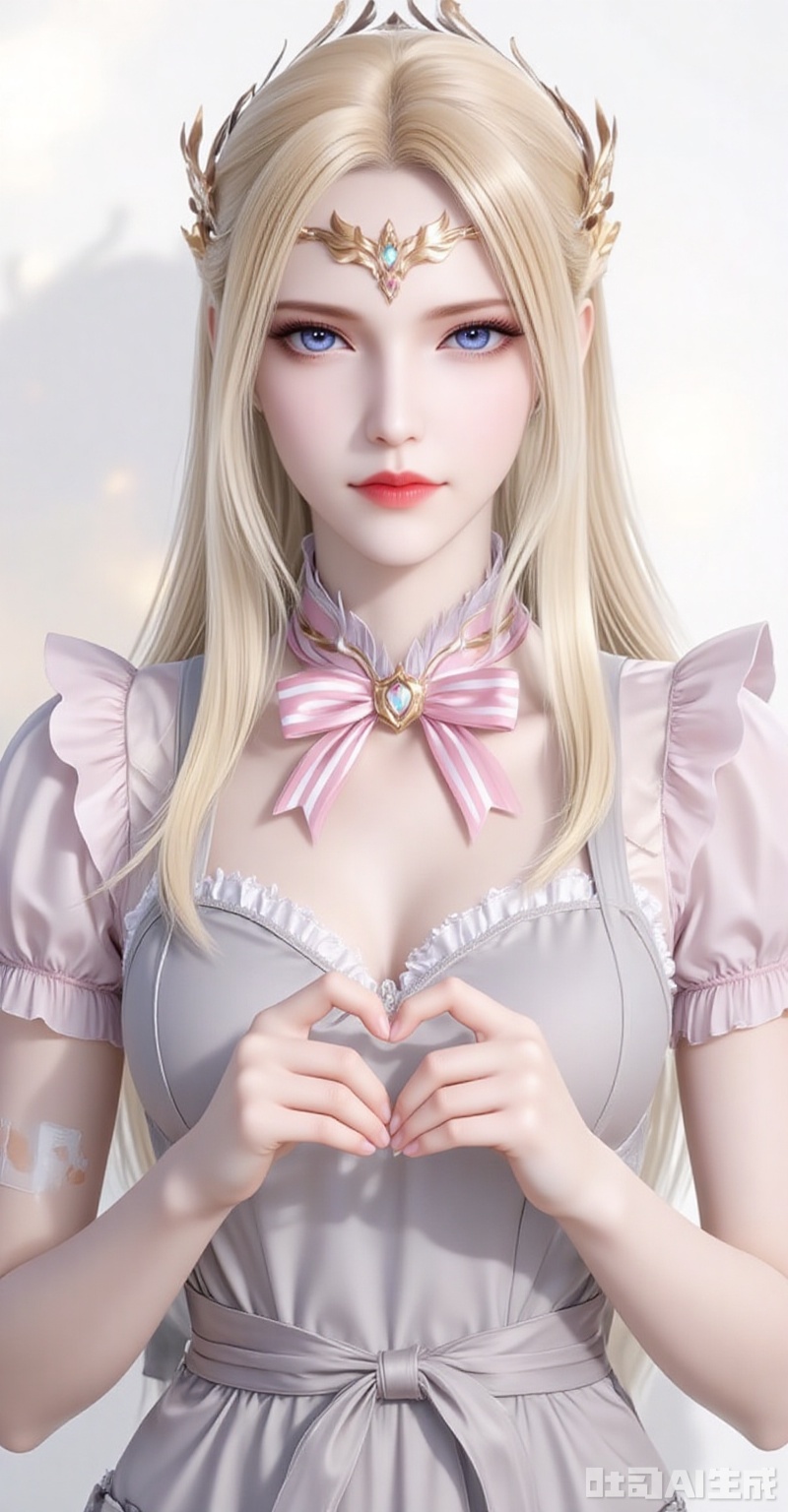 qianrenxue,1girl,solo,blue eyes,blonde hair,hair ornament,long hair,closed mouth,looking at viewer,jewelry,forehead_jewel,
1girl,solo,bandaid on hand,butterfly hair ornament,heart,long hair,apron,open mouth,pink bowtie,hair ornament,white background,pink bow,short sleeves,dress,simple background,bow,striped bow,hair between eyes,bandaid,shadow,puffy sleeves,frills,puffy short sleeves,heart hands,bowtie,hands up,grey apron,smile,looking at viewer,striped bowtie,symbol-shaped pupils,heart-shaped pupils,symbol in eye,tongue,grey bow, 
cover,gradient background,close-up details,outstanding style,adding a touch of dimension to your images without compromising details,close-up,white_background,simple background,lvjing,pifu
