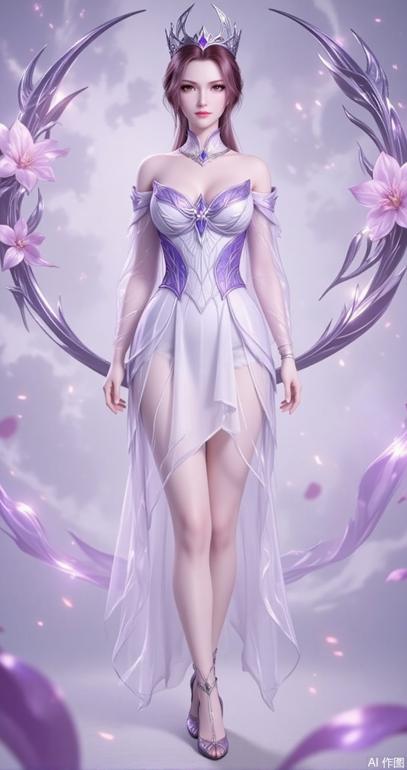 lvjing,baoshi,bibidong,1girl, brown hair,solo, crown, portrait, pony-tail,low ponytail,looking at viewer, gem, blurry, short hair, lips, parted lips,8,xiaoyixian,1girl,solo,dress,bare shoulders,flower,full body,white dress,standing,high heels,hair ornament,see-through,purple footwear,cover,gradient background,close-up details,outstanding style,adding a touch of dimension to your images without compromising details,close-up