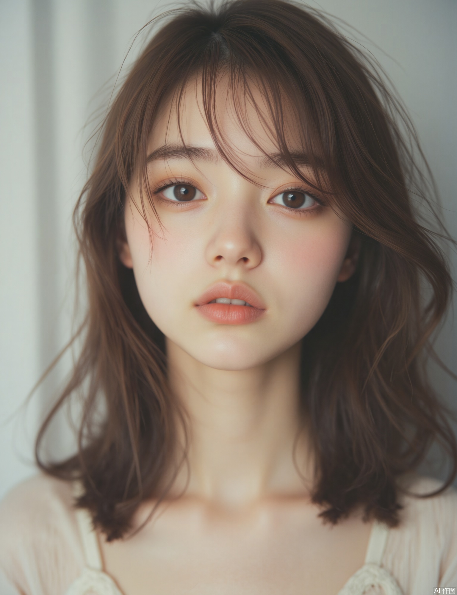 OBbllai, 
The image depicts a young woman with light brown hair and large

expressive eyes. Her skin is smooth and she has a subtle blush on her cheeks. She is wearing a white garment

and her hair is slightly tousled

with strands falling across her forehead. The background is soft and out of focus

creating a gentle and serene atmosphere.

