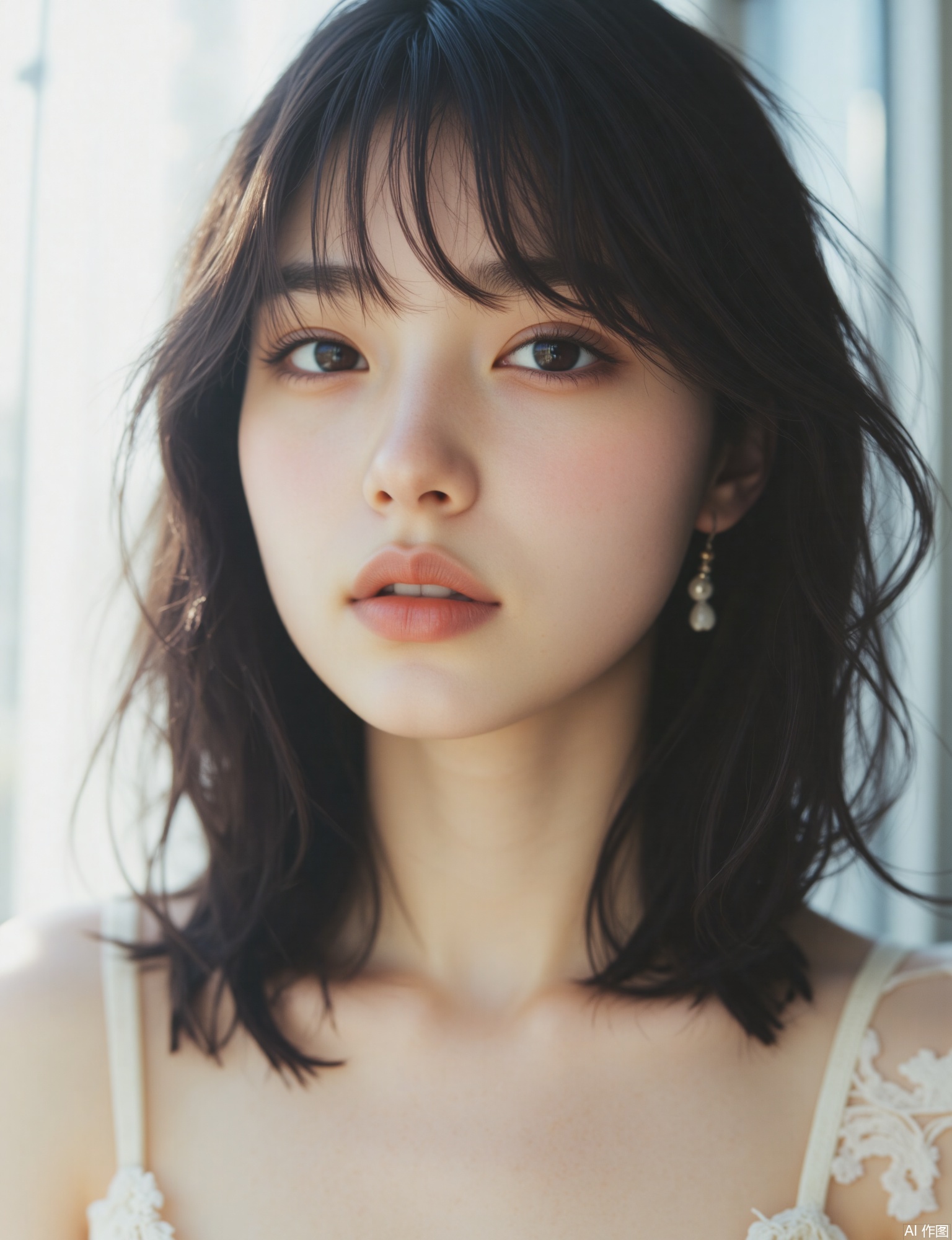 OBbllai, 
The image depicts a young woman with long

dark hair that is slightly tousled

giving a natural and relaxed appearance. She is wearing a delicate white lace garment with thin straps

which adds a soft and ethereal quality to the image. Her makeup is subtle

with a focus on her eyes

which are accentuated by the natural light. She is also wearing small

dangling earrings that add a touch of elegance to her overall look. The background is blurred

creating a bokeh effect that draws attention to the subject in the foreground. The lighting is soft and diffused

giving the image a dreamy and serene atmosphere.

