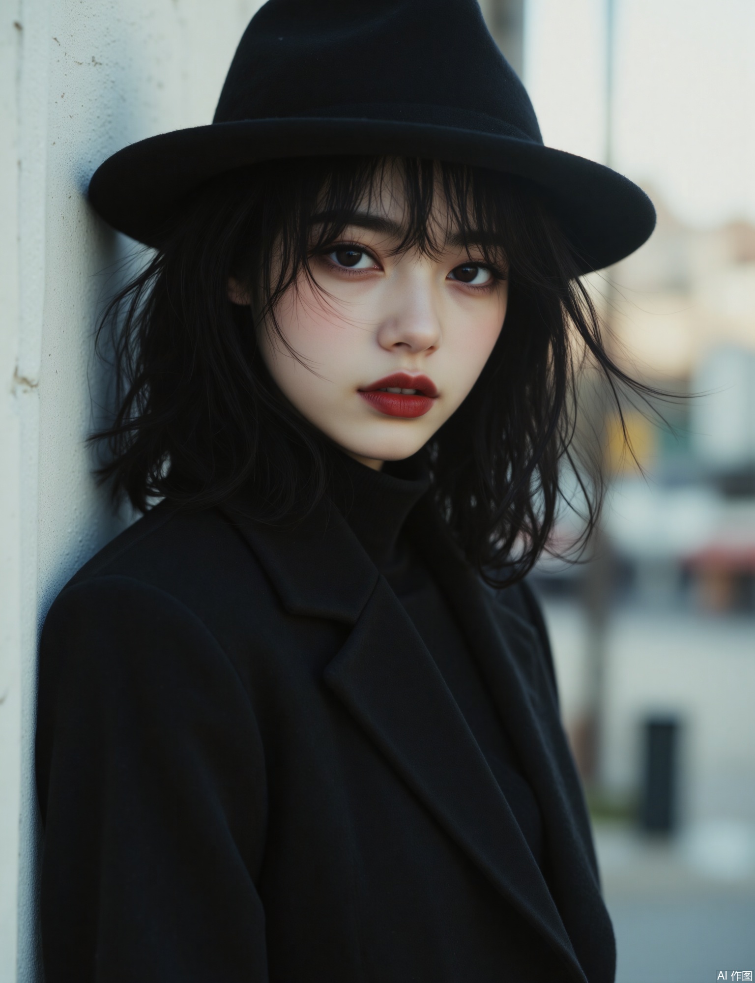 OBbllai, 
The image shows a person wearing a black hat and a black coat

standing against a light-colored wall. The person has dark

slightly messy hair and is wearing bold red lipstick. The background is blurred

making it difficult to discern specific details

but it appears to be an outdoor setting with some indistinct objects or structures in the distance. The overall atmosphere of the image is moody and stylish

with a focus on the person's attire and the urban environment.

