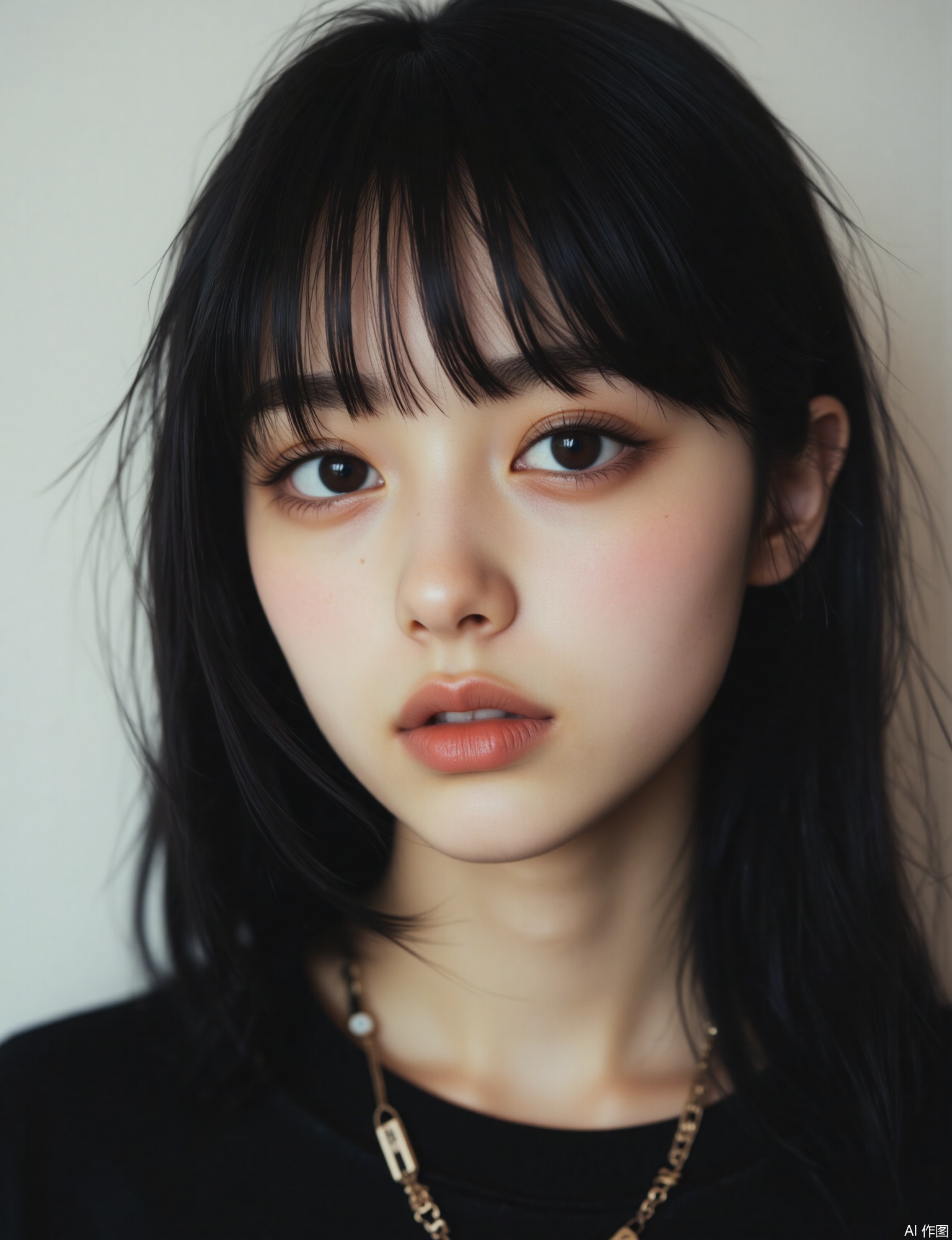 OBbllai, 
The image shows a young woman with long dark hair and bangs. She is wearing a black top and a delicate gold necklace with a small pendant. The background is blurred