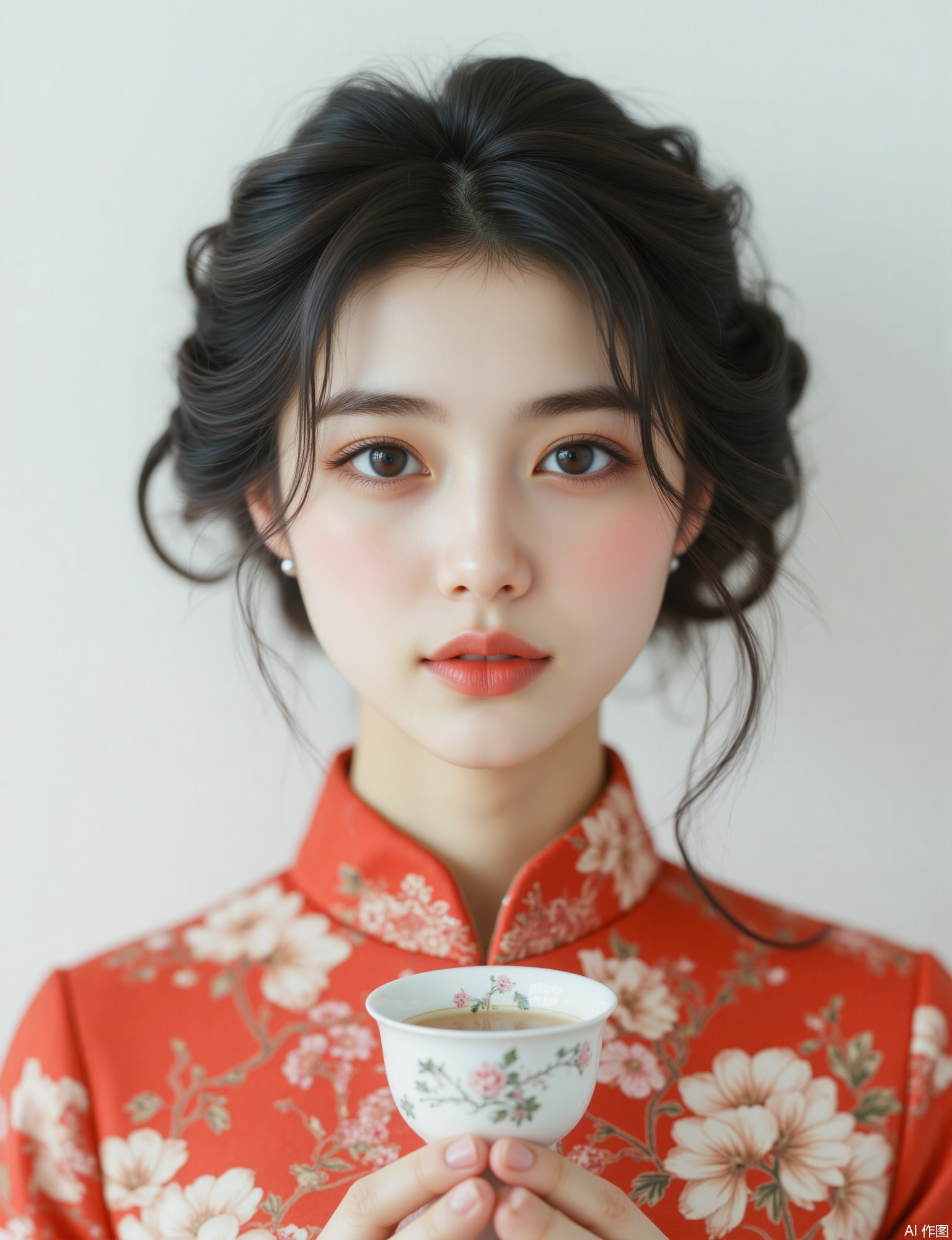 OBbllai, 
The image shows a young woman with dark hair styled in an elegant updo. She is wearing a traditional red garment adorned with intricate floral patterns. In her hands

she holds a delicate teacup with a floral design

filled with a light-colored beverage. The background is plain and light-colored

providing a soft contrast to the subject.


