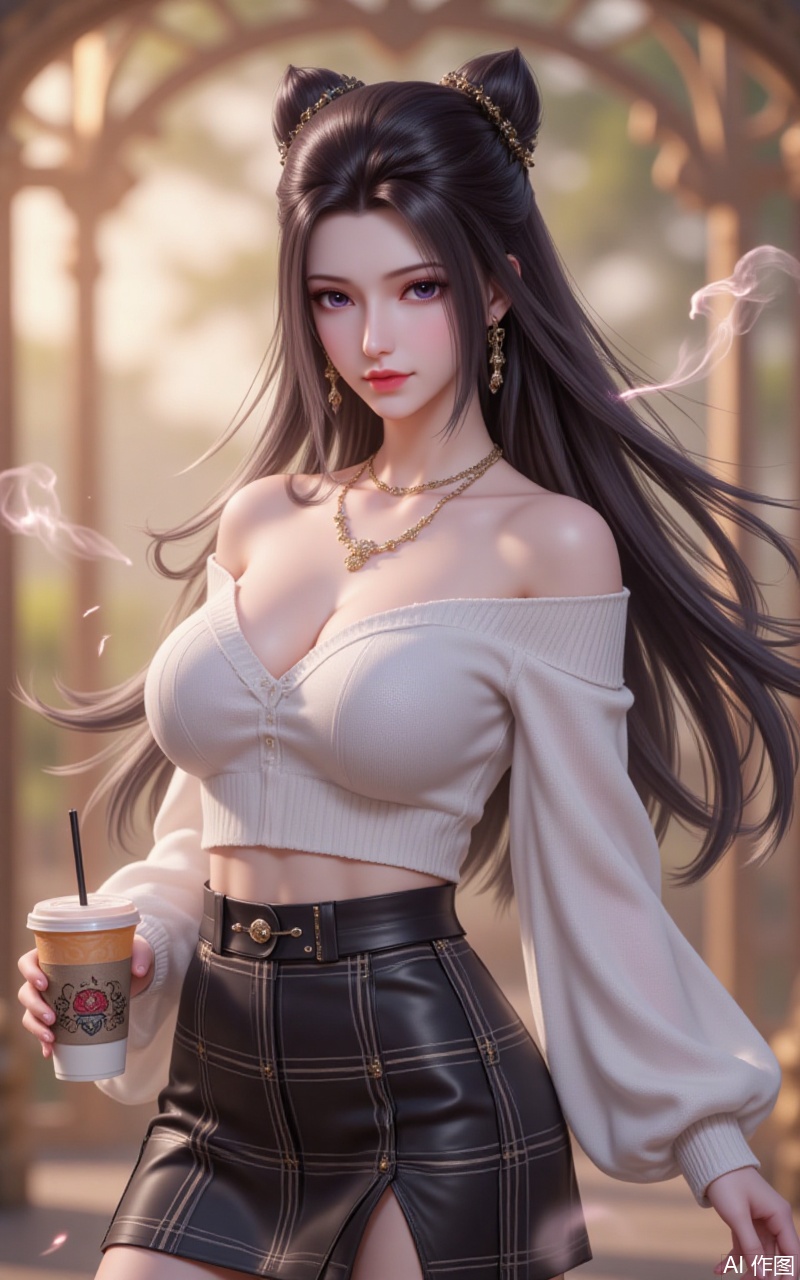,zhuzhuqing,1girl,solo,long hair,hair bun,double bun,black hair,looking at viewer,closed mouth,lips,jewelry,earrings,
1girl,solo,skirt,off shoulder,off-shoulder sweater,jewelry,white sweater,necklace,cup,bare shoulders,holding,sweater,disposable cup,breasts,black skirt,plaid skirt,collarbone,plaid,blurry background,crop top,holding cup,blurry,midriff,long sleeves,large breasts,
close-up details,outstanding style,adding a touch of dimension to your images without compromising details,whirls of vapor,iridescent textures,(Anime:1.1),ethereal ambiance,delicate details,magical high-concept,32K UHD,sharp focus,best-quality,masterpiece,golden hour,unconventional supreme masterpiece,masterful details,temperate atmosphere,with a high-end texture,in the style of fashion photography,photography,cover,dynamic angle,dynamic posture,extreme aesthetic,masterpiece,best quality,good quality,very aesthetic,absurdres,visual impact,a shot with tension,ultra-high resolution,32K UHD,sharp focus,best-quality,masterpiece,emotionalization,unconventional supreme masterpiece,masterful details,temperate atmosphere,with a high-end texture,in the style of fashion photography,(visual impact:1.2),giving the poster a dynamic and visually striking appearance,impactful picture,official art,colorful,splash of color,movie perspective,masterpiece,best quality,amazing quality,very aesthetic,absurdres,best quality,newest,
lvjing,guoman