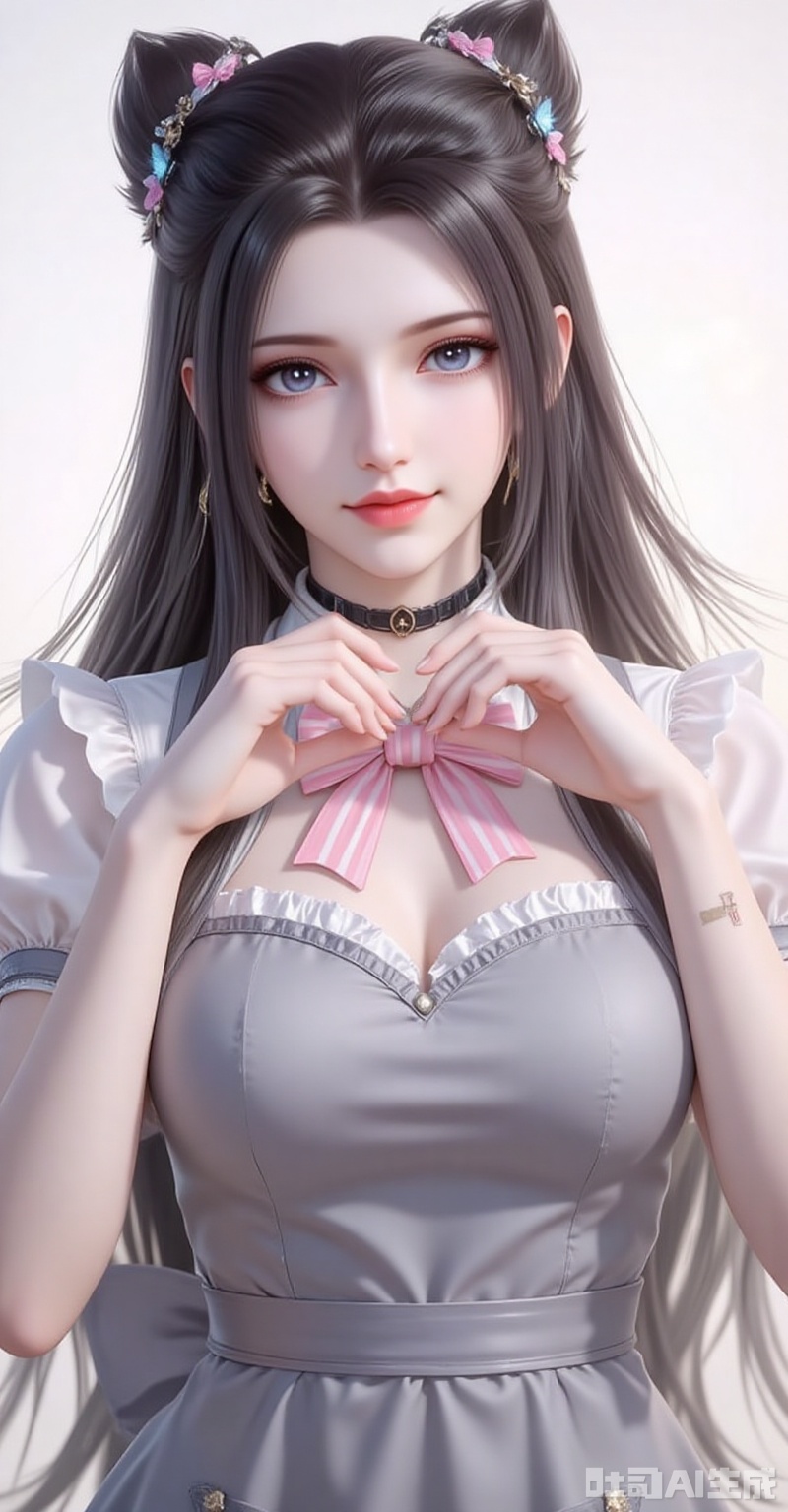 zhuzhuqing,1girl,solo,long hair,hair bun,double bun,black hair,looking at viewer,closed mouth,lips,jewelry,earrings,
1girl,solo,bandaid on hand,butterfly hair ornament,heart,long hair,apron,open mouth,pink bowtie,hair ornament,white background,pink bow,short sleeves,dress,simple background,bow,striped bow,hair between eyes,bandaid,shadow,puffy sleeves,frills,puffy short sleeves,heart hands,bowtie,hands up,grey apron,smile,looking at viewer,striped bowtie,symbol-shaped pupils,heart-shaped pupils,symbol in eye,tongue,grey bow, 
cover,gradient background,close-up details,outstanding style,adding a touch of dimension to your images without compromising details,close-up,white_background,simple background,lvjing
