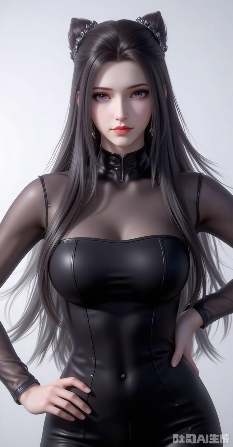 zhuzhuqing,1girl,solo,long hair,hair bun,double bun,black hair,looking at viewer,closed mouth,lips,jewelry,earrings,
1girl,solo,jewelry,earrings,see-through,dress,upper body,black dress,hand on own hip,breasts,see-through sleeves, 
cover,gradient background,close-up details,outstanding style,adding a touch of dimension to your images without compromising details,close-up,white_background,simple background,lvjing
