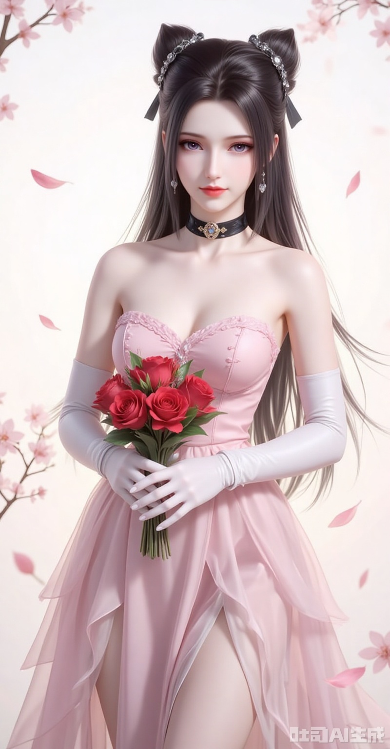 zhuzhuqing,1girl,solo,long hair,hair bun,double bun,black hair,looking at viewer,closed mouth,lips,jewelry,earrings,
elbow_gloves,frilled_skirt,holding_bouquet,highres,cherry_blossoms,strapless_dress,white_gloves,looking_at_viewer,red_flower,solo,collarbone,own_hands_together,:d,white_background,backlighting,black_bow,bare_shoulders,frilled_dress,hair_bow,wedding_dress,commentary_request,1girl,petals,simple_background,blush,cowboy_shot,
cover,gradient background,close-up details,outstanding style,adding a touch of dimension to your images without compromising details,close-up,white_background,simple background,lvjing
