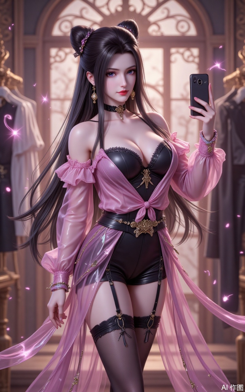 ,zhuzhuqing,1girl,solo,long hair,hair bun,double bun,black hair,looking at viewer,closed mouth,lips,jewelry,earrings,
1girl,breasts,jewelry,phone,earrings,thighhighs,choker,solo,cleavage,cellphone,black choker,holding phone,bare shoulders,holding,smartphone,shirt,garter straps,black thighhighs,off-shoulder shirt,leotard,frills,selfie,collarbone,off shoulder,pink shirt,long sleeves,cross-laced clothes,standing,clothes hanger,closed mouth,cowboy shot,high-waist shorts,thighs,indoors,large breasts,see-through,shorts,medium breasts,
close-up details,outstanding style,adding a touch of dimension to your images without compromising details,whirls of vapor,iridescent textures,(Anime:1.1),ethereal ambiance,delicate details,magical high-concept,32K UHD,sharp focus,best-quality,masterpiece,golden hour,unconventional supreme masterpiece,masterful details,temperate atmosphere,with a high-end texture,in the style of fashion photography,photography,cover,dynamic angle,dynamic posture,extreme aesthetic,masterpiece,best quality,good quality,very aesthetic,absurdres,visual impact,a shot with tension,ultra-high resolution,32K UHD,sharp focus,best-quality,masterpiece,emotionalization,unconventional supreme masterpiece,masterful details,temperate atmosphere,with a high-end texture,in the style of fashion photography,(visual impact:1.2),giving the poster a dynamic and visually striking appearance,impactful picture,official art,colorful,splash of color,movie perspective,masterpiece,best quality,amazing quality,very aesthetic,absurdres,best quality,newest,
lvjing,guoman