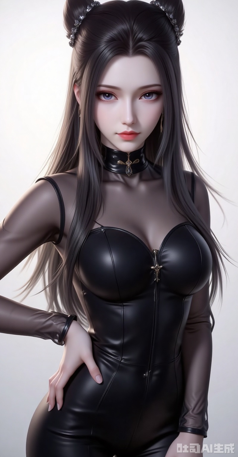 zhuzhuqing,1girl,solo,long hair,hair bun,double bun,black hair,looking at viewer,closed mouth,lips,jewelry,earrings,
1girl,solo,jewelry,earrings,see-through,dress,upper body,black dress,hand on own hip,breasts,see-through sleeves, 
cover,gradient background,close-up details,outstanding style,adding a touch of dimension to your images without compromising details,close-up,white_background,simple background,lvjing
