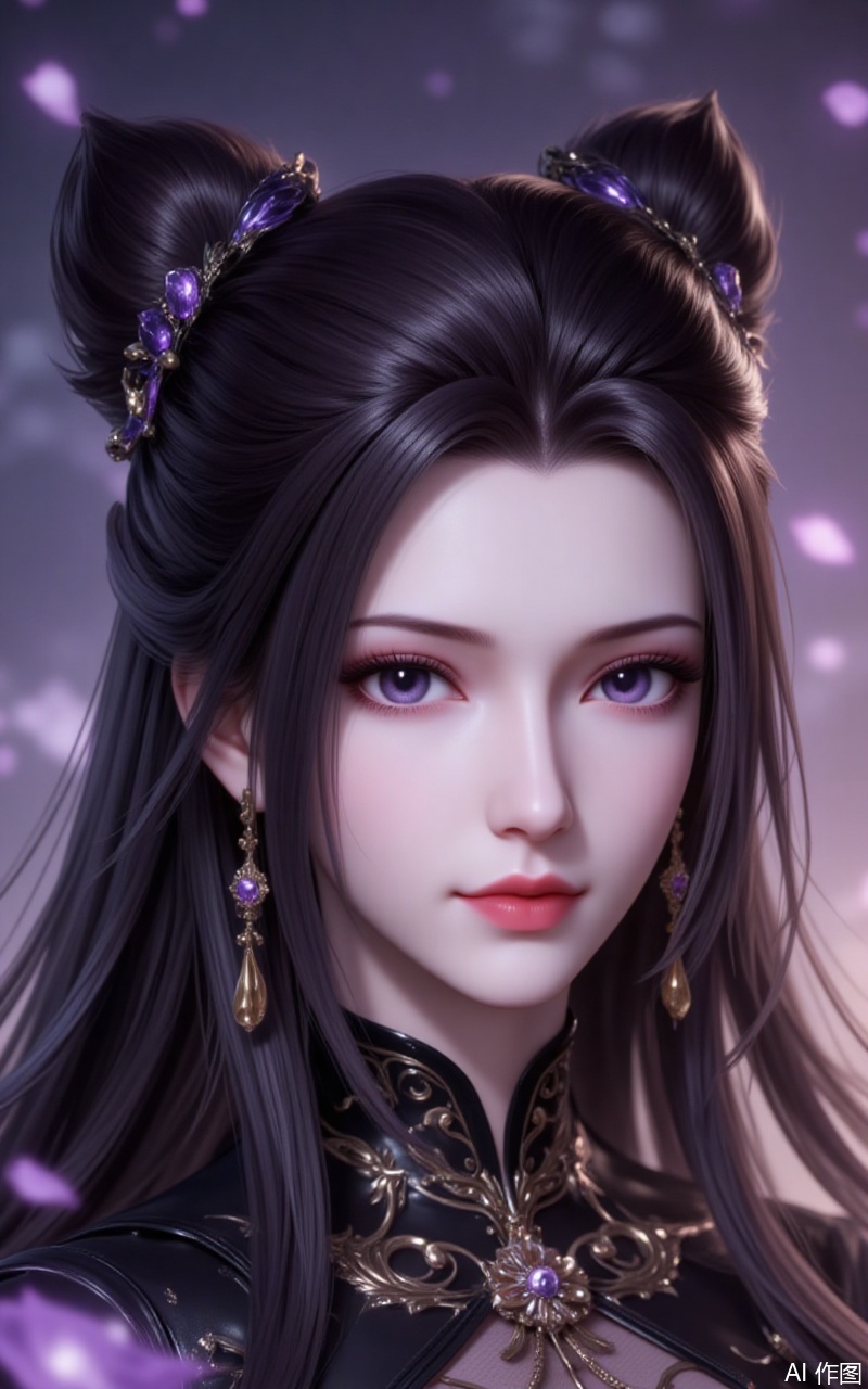 ,zhuzhuqing,1girl,solo,long hair,hair bun,double bun,black hair,looking at viewer,closed mouth,lips,jewelry,earrings,cover,gradient background,close-up details,outstanding style,adding a touch of dimension to your images without compromising details,close-up,,lvjing,,guoman