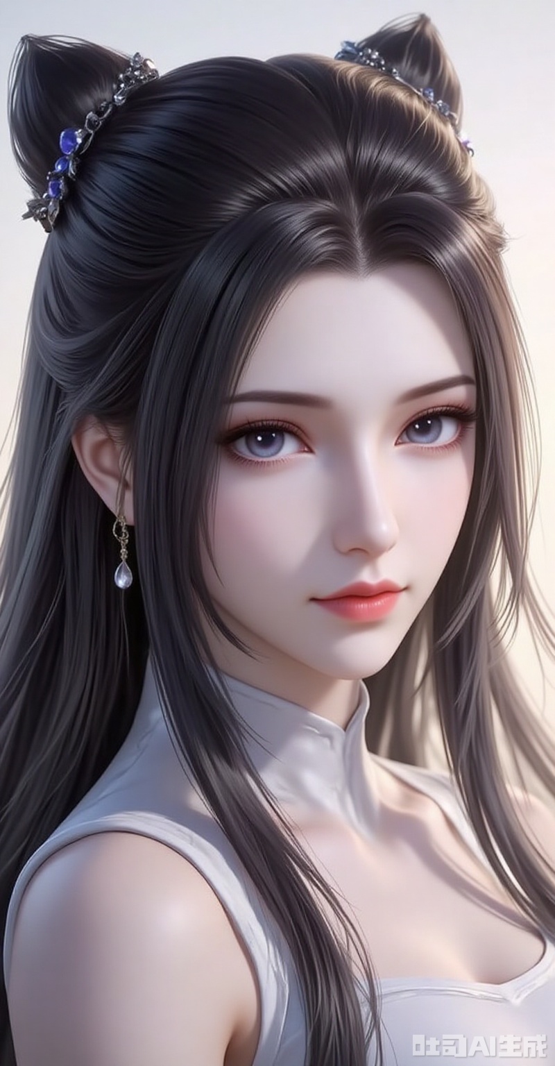 zhuzhuqing,1girl,solo,long hair,hair bun,double bun,black hair,looking at viewer,closed mouth,lips,jewelry,earrings,1girl, cover,gradient background,close-up details,outstanding style,adding a touch of dimension to your images without compromising details,close-up,white_background,simple background,lvjing
