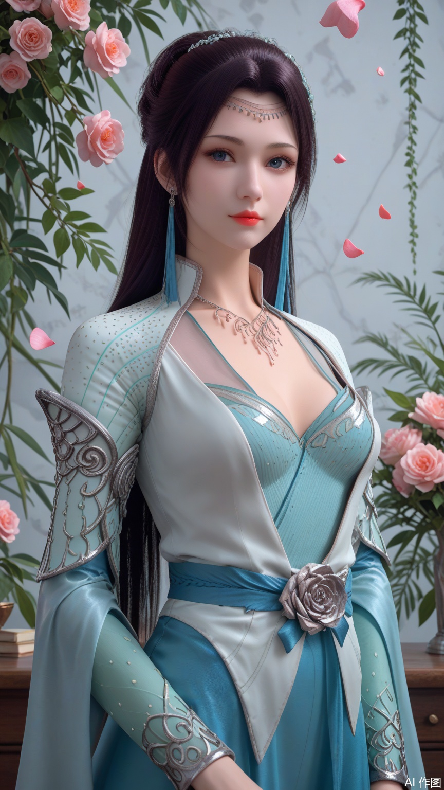score_9_up,score_8_up,score_7_up, (high definition, Best quality, masterpiece, 4K, exquisite skin), (petal and beam background:1.1), 1girl, big chest, looking at viewer, cowboy_shot
