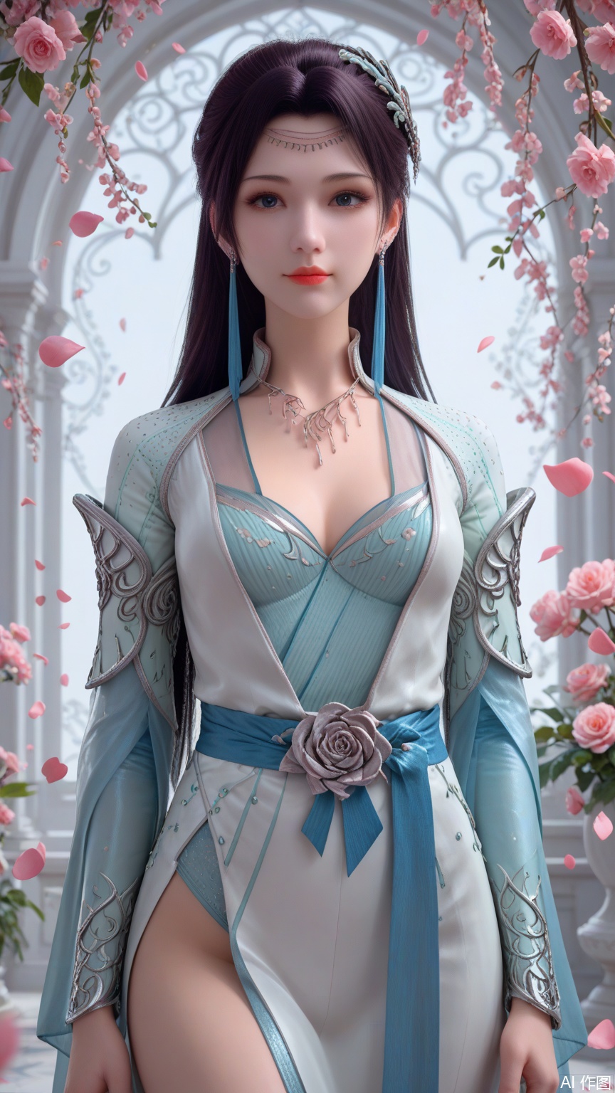 score_9_up,score_8_up,score_7_up, (high definition, Best quality, masterpiece, 4K, exquisite skin), (petal and beam background:1.1), 1girl, big chest, looking at viewer, cowboy_shot