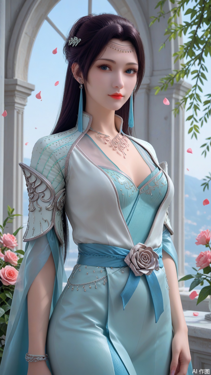 score_9_up,score_8_up,score_7_up, (high definition, Best quality, masterpiece, 4K, exquisite skin), (petal and beam background:1.1), 1girl, big chest, looking at viewer, cowboy_shot