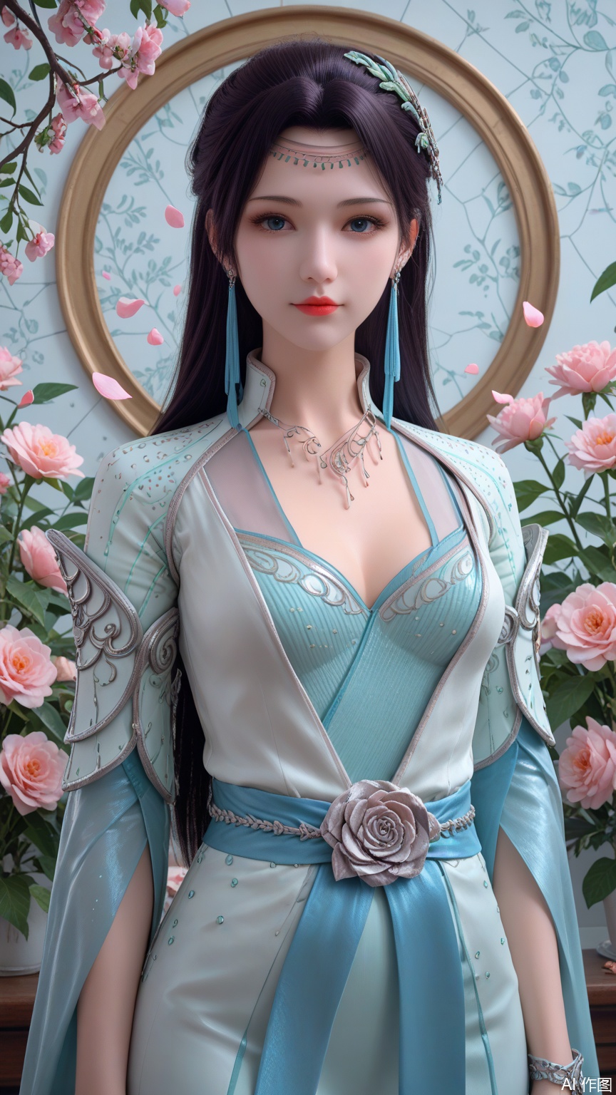 score_9_up,score_8_up,score_7_up, (high definition, Best quality, masterpiece, 4K, exquisite skin), (petal and beam background:1.1), 1girl, big chest, looking at viewer, cowboy_shot