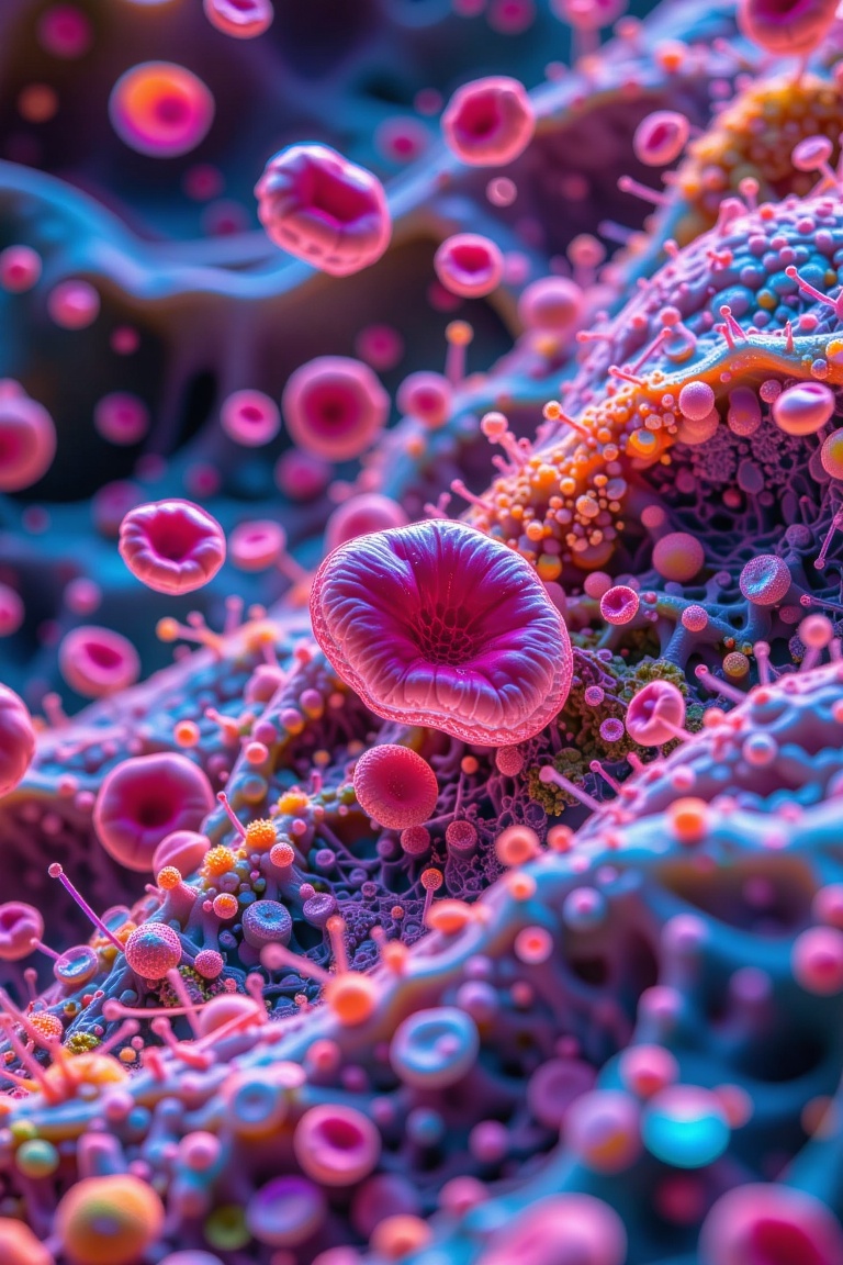 A microscopic view of the quantum realm,  where blood-like droplets float in a vibrant,  kaleidoscopic environment. The sc...