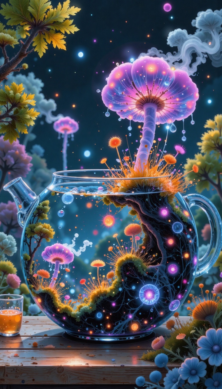 we see close the underwater microverse inside a halved teapot: we see algae and microorganisms cellular level in microscop...