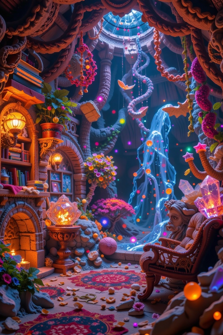 A warm,  cozy interior with quantum particles dancing in a fantasy setting. Soft,  glowing lights illuminate the scene on...