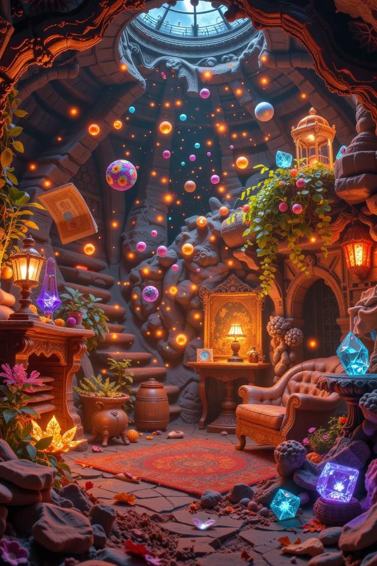 A warm,  cozy interior with quantum particles dancing in a fantasy setting. Soft,  glowing lights illuminate the scene on...