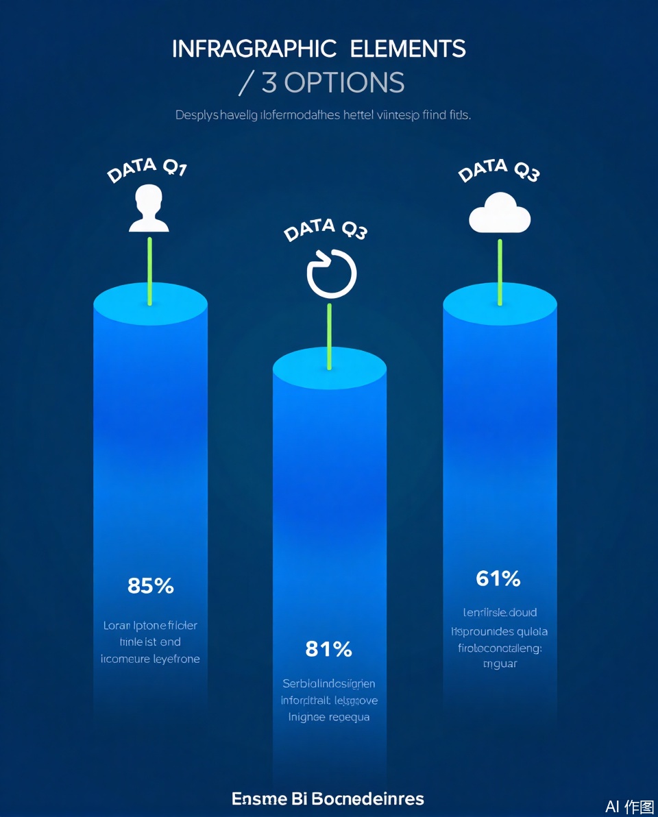 The image features a dark blue background with a gradient effect, creating a modern and professional look. At the top, there is a title that reads "INFRAGRAPHIC ELEMENTS / 3 OPTIONS" in white text. Below the title, there are three cylindrical columns, each representing a different data type: "DATA Q1," "DATA Q2," and "DATA Q3." Each column is filled with a light blue color and has a small icon at the top, which represents the corresponding data type.

The first column (DATA Q1) contains a small icon of a person, indicating data about individuals. The second column (DATA Q2) has a cloud icon, representing data related to cloud computing or cloud services. The third column (DATA Q3) also has a cloud icon, indicating data associated with cloud computing or cloud services. Each column is connected to the next by a green line, suggesting a flow or sequence.

At the top of the first column, there is a percentage symbol indicating 85%, and at the top of the second column, there is a percentage symbol indicating 61%. The icons are simple and stylized, with a white color that stands out against the blue background.

The image also contains placeholder text in a light gray color, which reads: "Lorem ipsum dolor sit amet, consectetur adipiscing elit. Sed do eiusmod tempor incididunt ut labore et dolore magna aliqua. Ut enim ad minim veniam, quis nostrud exercitation ullamco laboris nisi ut aliquip ex ea commodo consequat." This is a common placeholder used in infographics to provide a visual representation of placeholders for text.,Data visualization