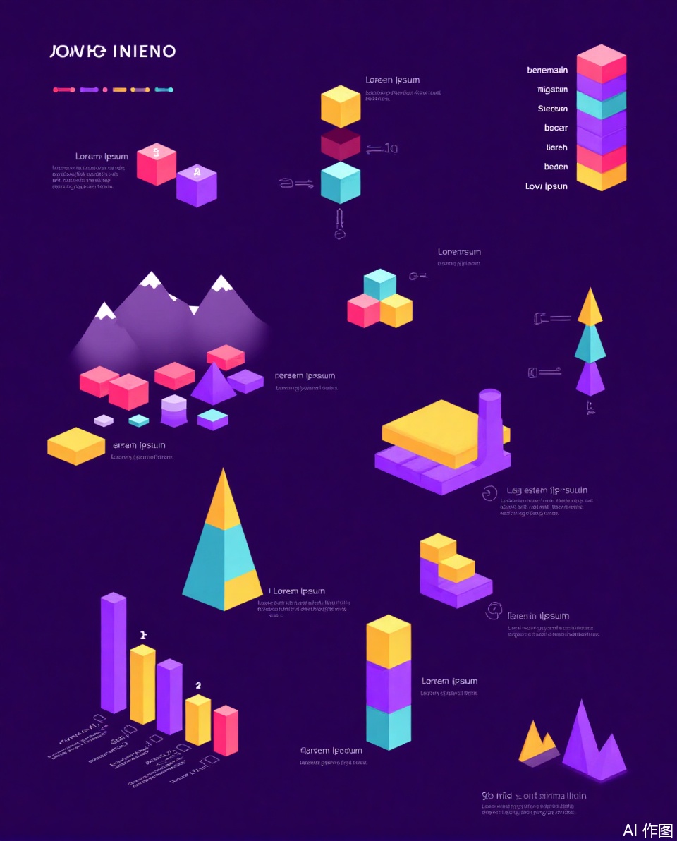 Data visualization, The image is a colorful infographic with a variety of shapes and text labels. It features a dark purple background with several 3D geometric shapes in different colors, including cubes, cylinders, and pyramids. These shapes are arranged in various configurations, some floating and others standing upright. The text labels are in a mix of languages, with some in English and others in a fictional script. The labels include "Lorem ipsum," which is a placeholder text commonly used in design to fill space before actual content. The infographic also includes a bar graph with bars of different colors, a line graph, and a series of stacked cylinders. The overall design is modern and visually engaging, with a focus on data visualization and geometric shapes.
