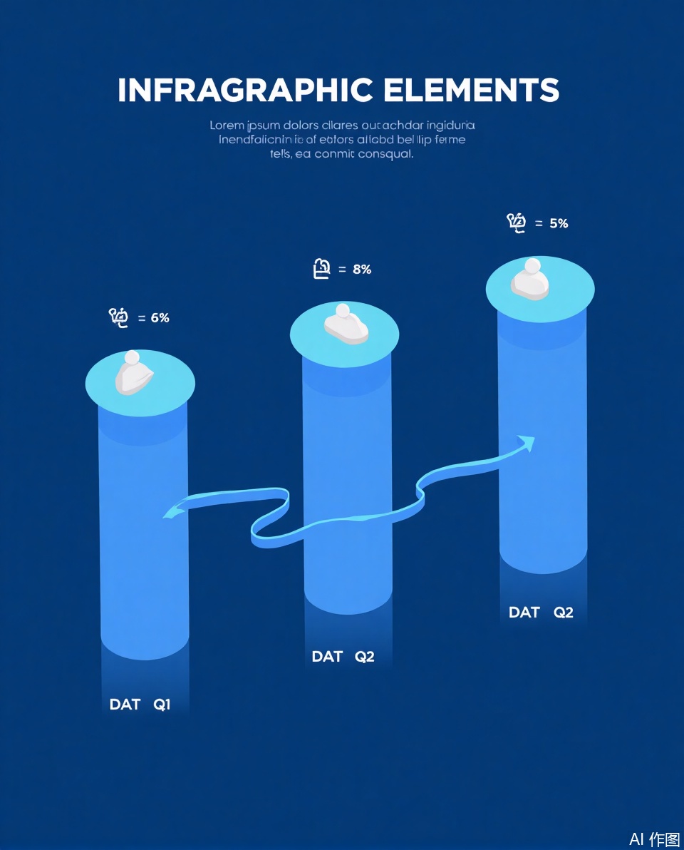 The image features a dark blue background with a gradient effect, creating a modern and professional look. At the top, there is a title that reads "INFRAGRAPHIC ELEMENTS / 3 OPTIONS" in white text. Below the title, there are three cylindrical columns, each representing a different data type: "DATA Q1," "DATA Q2," and "DATA Q3." Each column is filled with a light blue color and has a small icon at the top, which represents the corresponding data type.

The first column (DATA Q1) contains a small icon of a person, indicating data about individuals. The second column (DATA Q2) has a cloud icon, representing data related to cloud computing or cloud services. The third column (DATA Q3) also has a cloud icon, indicating data associated with cloud computing or cloud services. Each column is connected to the next by a green line, suggesting a flow or sequence.

At the top of the first column, there is a percentage symbol indicating 85%, and at the top of the second column, there is a percentage symbol indicating 61%. The icons are simple and stylized, with a white color that stands out against the blue background.

The image also contains placeholder text in a light gray color, which reads: "Lorem ipsum dolor sit amet, consectetur adipiscing elit. Sed do eiusmod tempor incididunt ut labore et dolore magna aliqua. Ut enim ad minim veniam, quis nostrud exercitation ullamco laboris nisi ut aliquip ex ea commodo consequat." This is a common placeholder used in infographics to provide a visual representation of placeholders for text.,Data visualization
