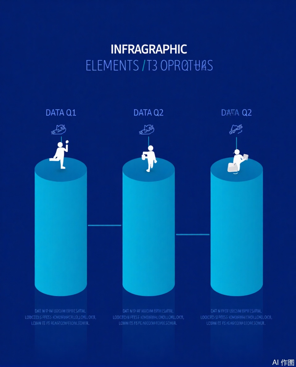 The image features a dark blue background with a gradient effect, creating a modern and professional look. At the top, there is a title that reads "INFRAGRAPHIC ELEMENTS / 3 OPTIONS" in white text. Below the title, there are three cylindrical columns, each representing a different data type: "DATA Q1," "DATA Q2," and "DATA Q3." Each column is filled with a light blue color and has a small icon at the top, which represents the corresponding data type.

The first column (DATA Q1) contains a small icon of a person, indicating data about individuals. The second column (DATA Q2) has a cloud icon, representing data related to cloud computing or cloud services. The third column (DATA Q3) also has a cloud icon, indicating data associated with cloud computing or cloud services. Each column is connected to the next by a green line, suggesting a flow or sequence.

At the top of the first column, there is a percentage symbol indicating 85%, and at the top of the second column, there is a percentage symbol indicating 61%. The icons are simple and stylized, with a white color that stands out against the blue background.

The image also contains placeholder text in a light gray color, which reads: "Lorem ipsum dolor sit amet, consectetur adipiscing elit. Sed do eiusmod tempor incididunt ut labore et dolore magna aliqua. Ut enim ad minim veniam, quis nostrud exercitation ullamco laboris nisi ut aliquip ex ea commodo consequat." This is a common placeholder used in infographics to provide a visual representation of placeholders for text.,Data visualization