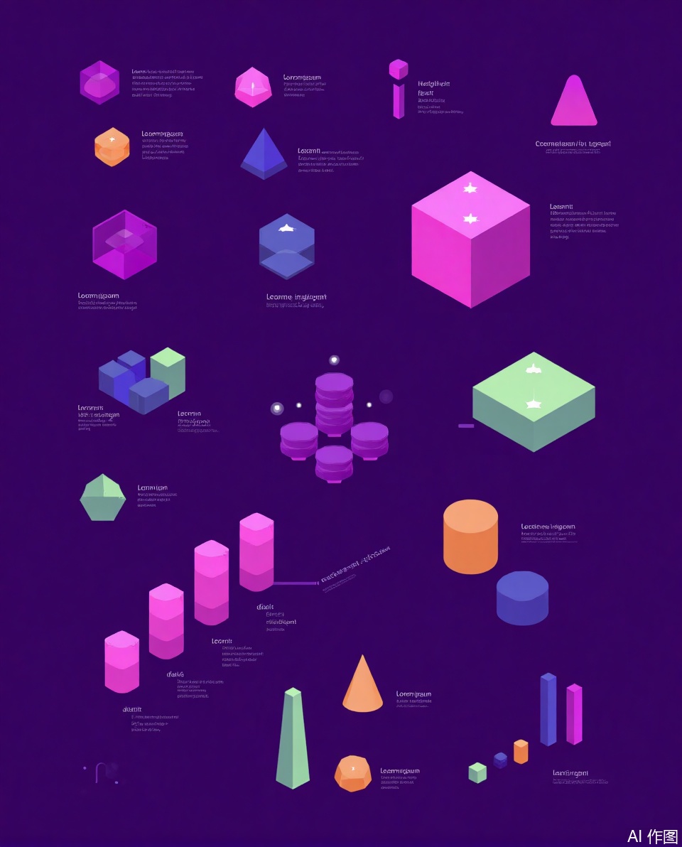 Data visualization, The image is a colorful infographic with a variety of shapes and text labels. It features a dark purple background with several 3D geometric shapes in different colors, including cubes, cylinders, and pyramids. These shapes are arranged in various configurations, some floating and others standing upright. The text labels are in a mix of languages, with some in English and others in a fictional script. The labels include "Lorem ipsum," which is a placeholder text commonly used in design to fill space before actual content. The infographic also includes a bar graph with bars of different colors, a line graph, and a series of stacked cylinders. The overall design is modern and visually engaging, with a focus on data visualization and geometric shapes.