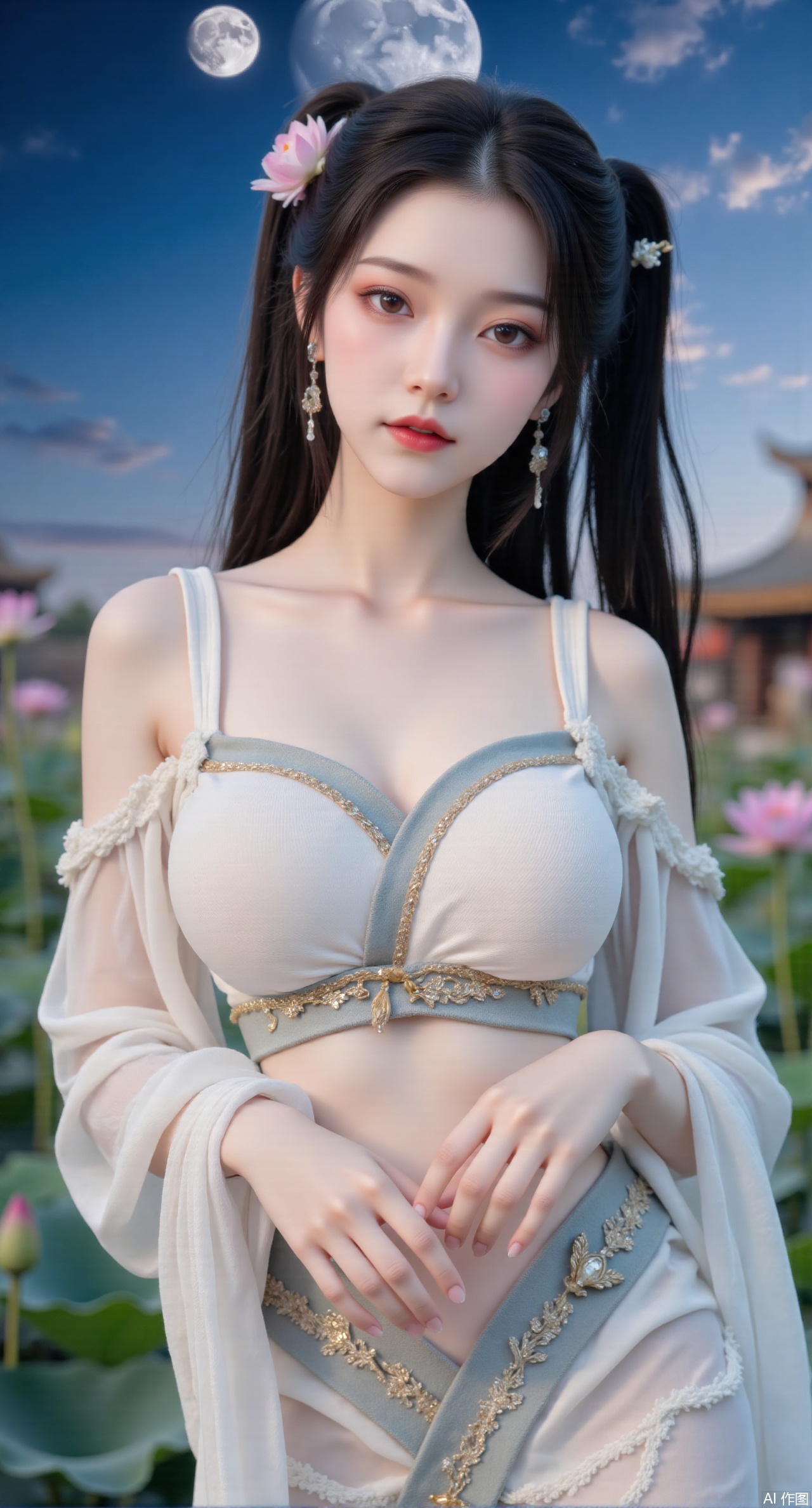 (masterpiece, best quality:1.2),1girl, navel, solo, midriff, bare shoulders, hair ornament,(long hair),(High double ponytail:1.49), red lips, BREAK, (looking at viewer:1.39), chinese clothes,(long dress:1.36), (lace:1.28), BREAK,blurry, solo focus, long hair, lips, daytime, lipstick, outdoors, standing,upper body,(huge breasts:2.99), (full breasts:2.99),background, solo, makeup,Xyunxiao,(Lotus,Water Lily,Blue sky,full moon:1.39),(Lotus pond,ancient Chinese architecture:1.39),Xmupeiling,XsongyuYK,XqiyueFHK,XheguangzhefandiYK,XxiaobaiNZYK,XlimuwanJCBYK,XmeijiK,XzhouruK,Xjinniang,Xliangpianqun,Xyinggou,Xfeitianwunv,XnangongxierK,Xbaiyuekuishouban,Xnvwashenian,XmupeilingY