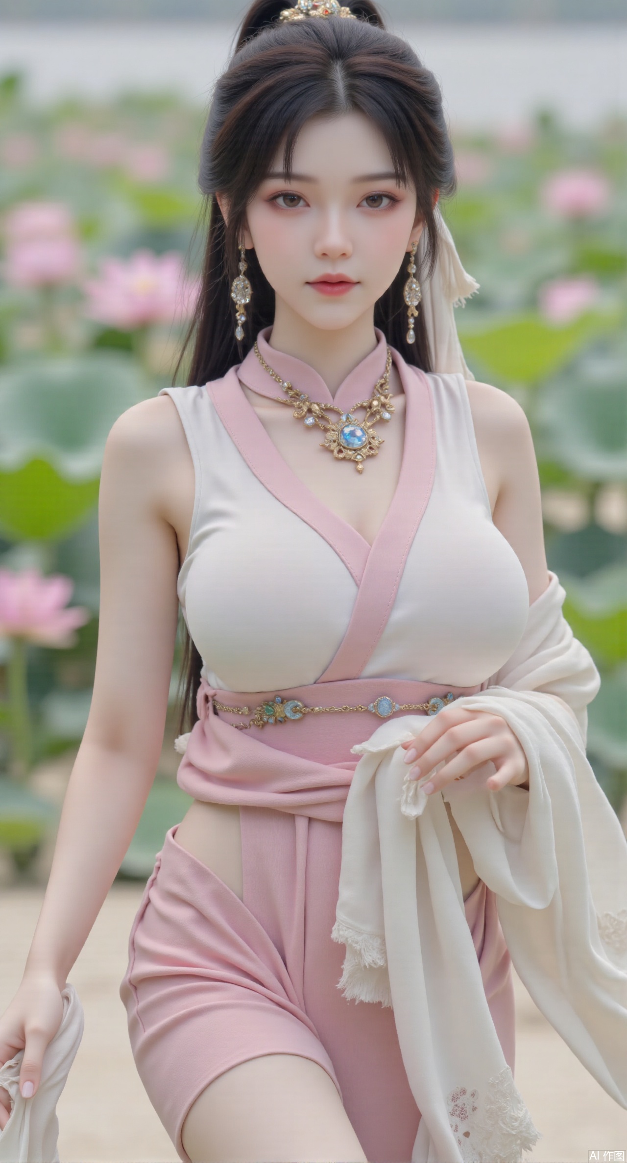 (masterpiece:1.2),best quality,(UE5.5,rendered with Unreal Engine 5,Unreal Engine 5,CG rendering:1.1),original,extremely detailed wallpaper,perfect lighting,1girl,solo,standing,(huge breasts:2.69),(full breasts:2.59),,looking at viewer,(cowboy_shot:1.1),long hair,high heels,blurry background,depth of field,motion blur,long dress,china_dress,chinese_style,bare shouders,crystal_earrings,headpiece,hair_tie,chest_jewel,gem,necklace,jewelry,in summer,day,outdoors,nature,sea,(rose,beach:1.49),(huge breasts:2.99),(full breasts:2.99),,(Background with lotus pond and pink lotus flowers:1.39),,Xmupeiling,XsongyuYK,XqiyueFHK,XheguangzhefandiYK,XxiaobaiNZYK,XlimuwanJCBYK,XmeijiK,XzhouruK,Xjinniang,Xliangpianqun,Xyinggou,Xfeitianwunv,XnangongxierK,Xbaiyuekuishouban,Xnvwashenian,XmupeilingY