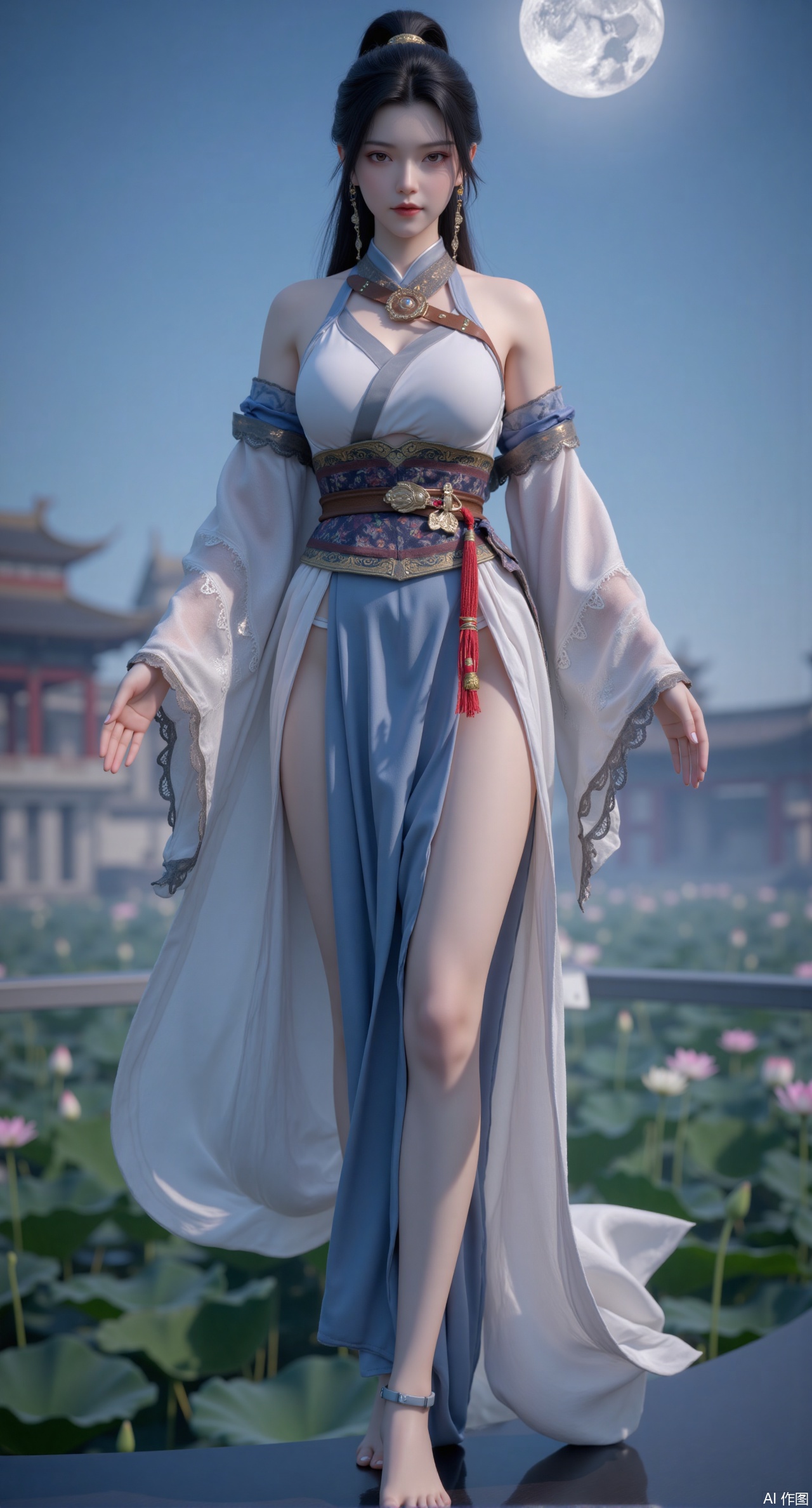 (masterpiece:1.2),best quality, (UE5.5,rendered with Unreal Engine 5,Unreal Engine 5,CG rendering),1girl, navel, solo, midriff, bare shoulders, hair ornament,(long hair),(High double ponytail:1.49), red lips, BREAK, (looking at viewer:1.39), chinese clothes,(long dress:1.36), (lace:1.28), BREAK,blurry, solo focus, long hair, lips, daytime, lipstick, outdoors, standing,upper body,(huge breasts:2.99), (full breasts:2.99),background, solo, makeup,Xyunxiao,(Lotus,Water Lily,Blue sky,full moon:1.39),(Lotus pond,ancient Chinese architecture:1.39),Xmupeiling,XsongyuYK,XqiyueFHK,XheguangzhefandiYK,XxiaobaiNZYK,XlimuwanJCBYK,XmeijiK,XzhouruK,XHhanfududou,XzhouruK2,XmeijiK2,XlinziyueK2,Xjinniang2,Xdunhuangfeitian,Xbaiyuekuishouban2