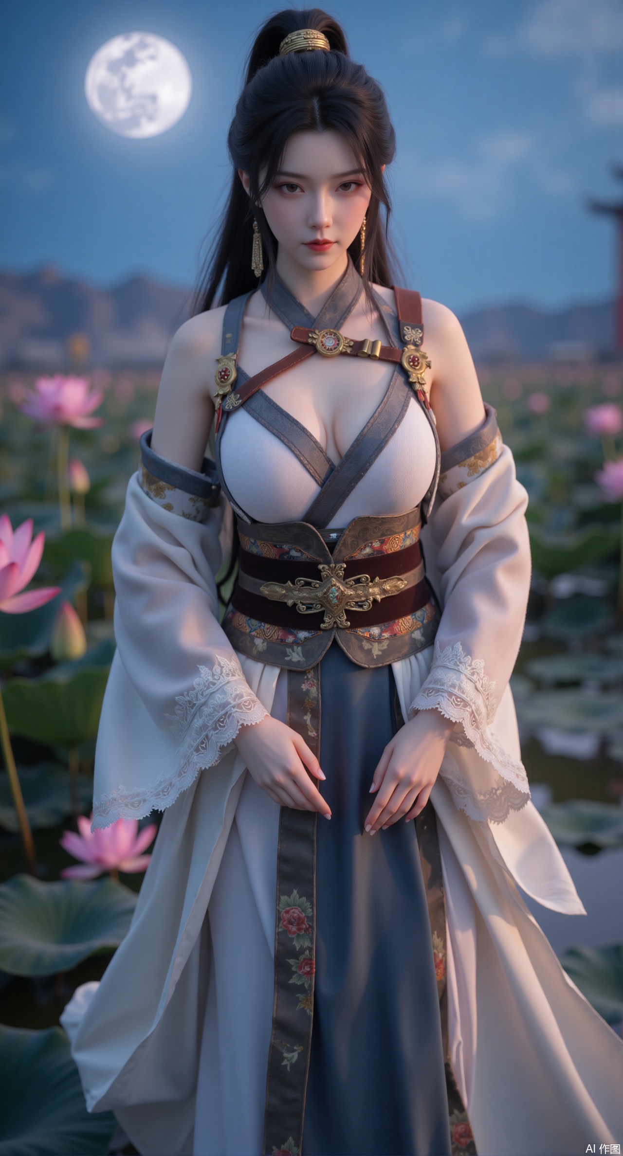 (masterpiece:1.2),best quality, (UE5.5,rendered with Unreal Engine 5,Unreal Engine 5,CG rendering),1girl, navel, solo, midriff, bare shoulders, hair ornament,(long hair),(High double ponytail:1.49), red lips, BREAK, (looking at viewer:1.39), chinese clothes,(long dress:1.36), (lace:1.28), BREAK,blurry, solo focus, long hair, lips, daytime, lipstick, outdoors, standing,upper body,(huge breasts:2.99), (full breasts:2.99),background, solo, makeup,Xyunxiao,(Lotus,Water Lily,Blue sky,full moon:1.39),(Lotus pond,ancient Chinese architecture:1.39),Xmupeiling,XsongyuYK,XqiyueFHK,XheguangzhefandiYK,XxiaobaiNZYK,XlimuwanJCBYK,XmeijiK,XzhouruK,XHhanfududou,XzhouruK2,XmeijiK2,XlinziyueK2,Xjinniang2,Xdunhuangfeitian,Xbaiyuekuishouban2