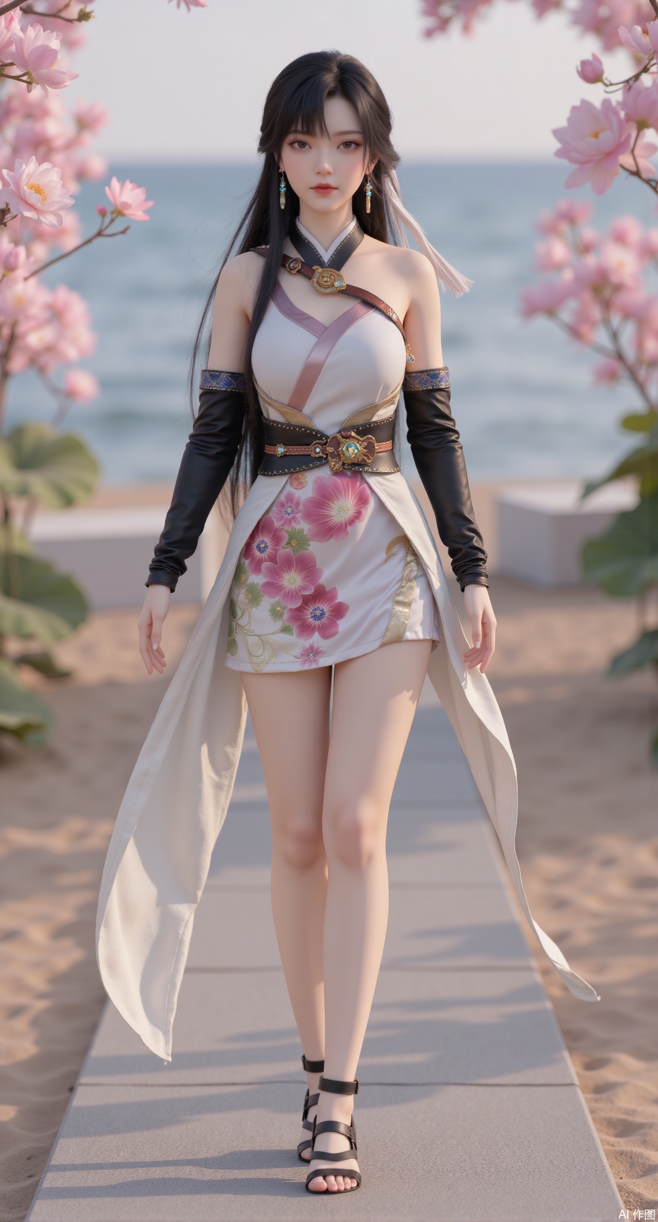 (masterpiece:1.2),best quality, (UE5.5,rendered with Unreal Engine 5,Unreal Engine 5,CG rendering), (masterpiece:1.2),,1girl,solo,standing,looking at viewer,(cowboy_shot:1.3),black hair,long hair,high heels,blurry background,depth of field,motion blur,short dress,china_dress,chinese_style,bare shouders,crystal_earrings,headpiece,hair_tie,chest_jewel,gem,necklace,jewelry,in summer,day,outdoors,nature,sea,(beach:1.4),(huge breasts:2.99),(full breasts:2.99),(lotus pond and pink lotus flowers:1.59),,(very long legs,Diamond-studded high heels:1.5),Xmupeiling,XsongyuYK,XqiyueFHK,XheguangzhefandiYK,XxiaobaiNZYK,XlimuwanJCBYK,XmeijiK,XzhouruK,XHhanfududou,XzhouruK2,XmeijiK2,XlinziyueK2,Xjinniang2,Xdunhuangfeitian,Xbaiyuekuishouban2