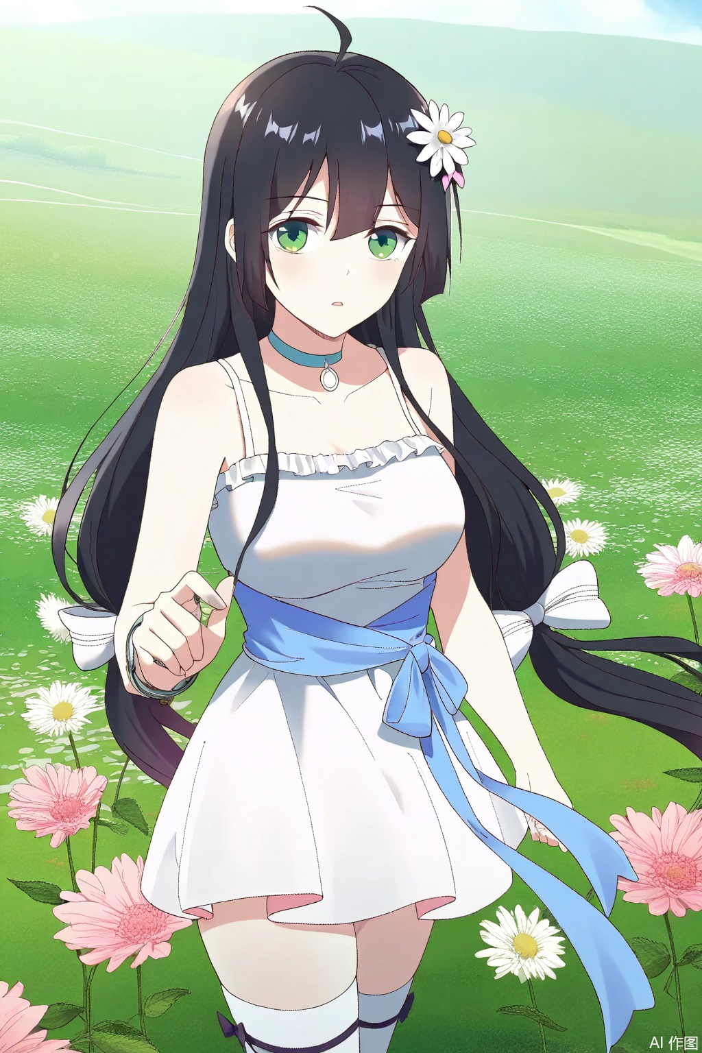 1girl, solo, long hair, black hair, hair ornament, dress, bow, green eyes, flower, ahoge, hair bow, choker, hair flower, white dress, masterpiece,best quality,official art,extremely detailed CG unity 8k wallpaper,Thigh exposed,thighhighs,looking at viewer,,in a meadow,in a meadow,