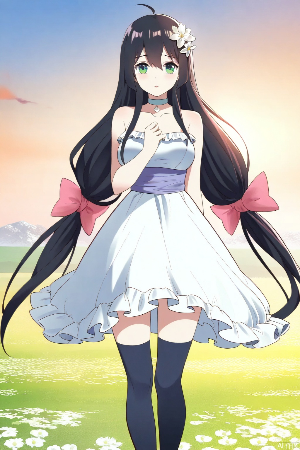 1girl, solo, long hair, black hair, hair ornament, dress, bow, green eyes, flower, ahoge, hair bow, choker, hair flower, white dress, masterpiece,best quality,official art,extremely detailed CG unity 8k wallpaper,Thigh exposed,thighhighs,looking at viewer,,in a meadow,in a meadow,