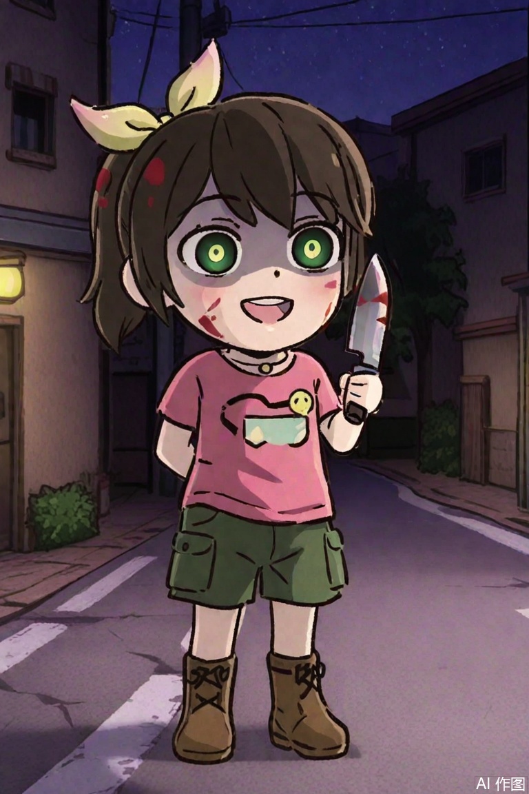 loli,carly(the adventurer1),yandere,blood in hair,sketch,blood on knife,street,ponytai,Pink t-shirt,hair bow,boots,Green shorts
