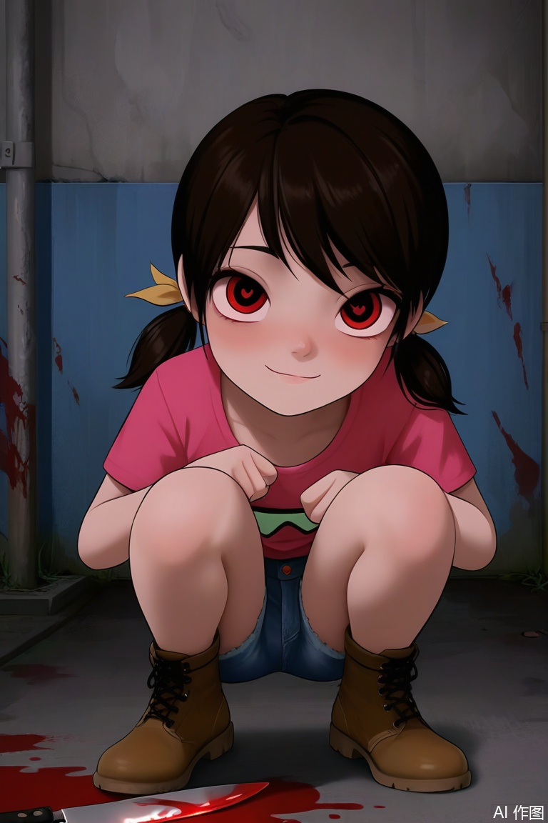 loli,carly(the adventurer2),pink t-shirt,hair ribbon,Yellow ribbon,ankle boots,denim shorts,yandere,blood in hair,low twintails,blood on knife,pool of blood,squatting,WKX