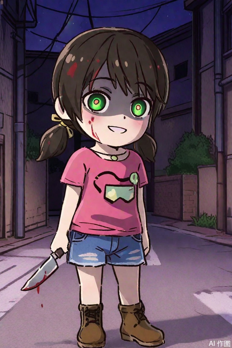 loli,carly(the adventurer2),yandere,blood in hair,sketch,blood on knife,street,ankle boots,denim shorts,low twintails,Pink t-shirt,Hair ribbon