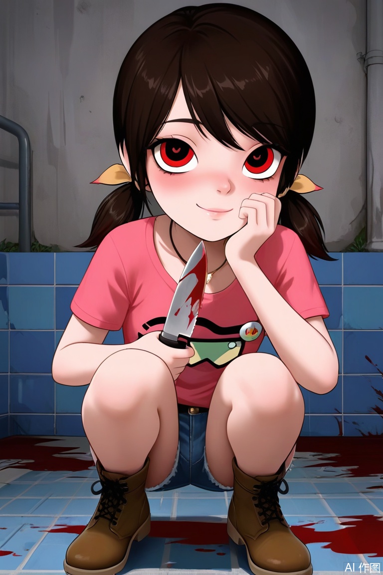 loli,carly(the adventurer2),pink t-shirt,hair ribbon,Yellow ribbon,ankle boots,denim shorts,yandere,blood in hair,low twintails,blood on knife,pool of blood,squatting,WKX