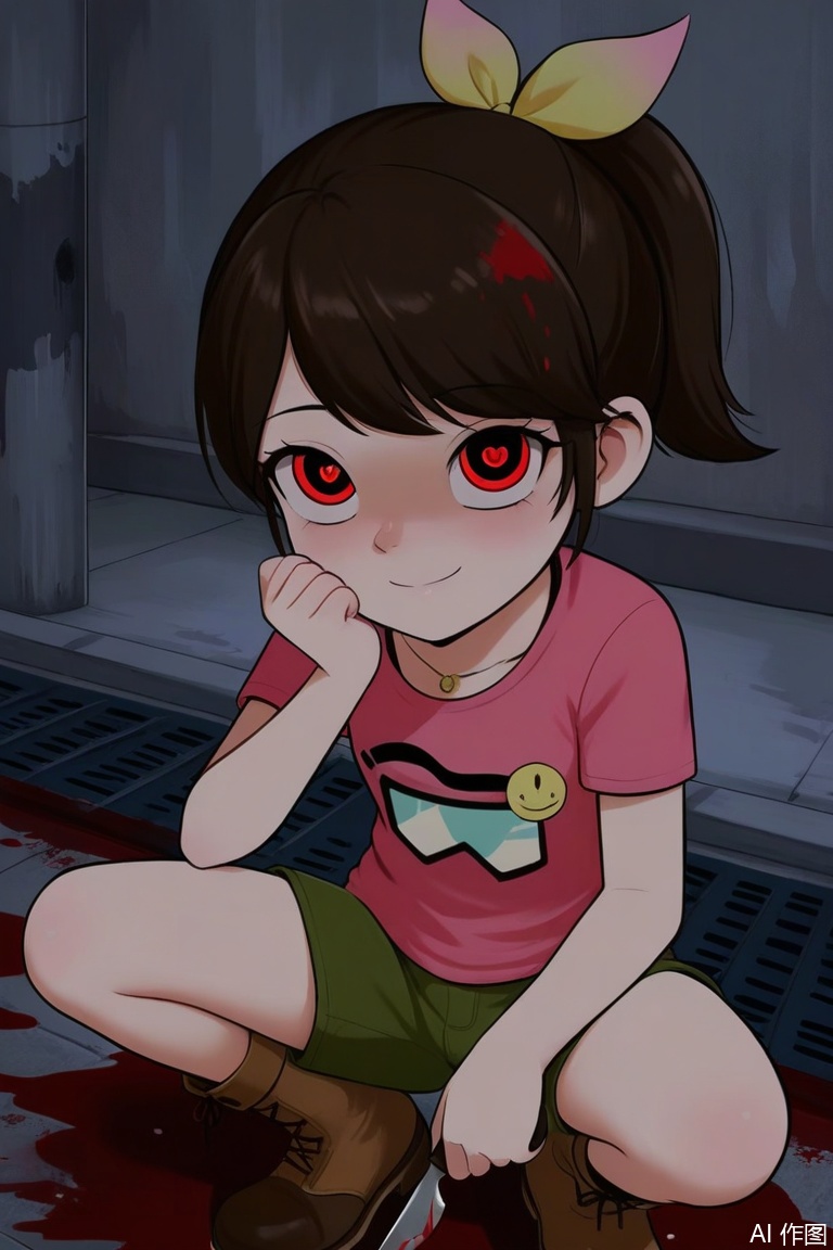 loli,carly(the adventurer1),pink t-shirt,hair bow,Yellow bow,boots,green shorts,yandere,blood in hair,ponytail,green short ,blood on knife,pool of blood,squatting,WKX