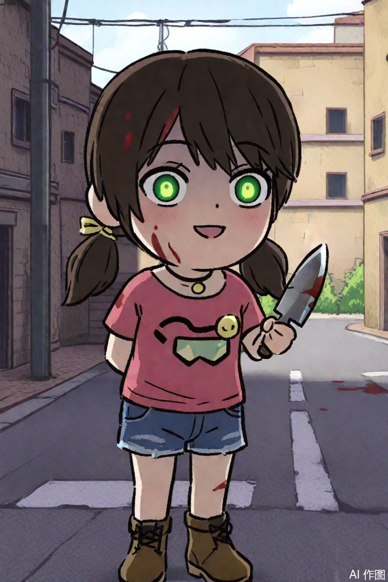 loli,carly(the adventurer2),yandere,blood in hair,sketch,blood on knife,street,ankle boots,denim shorts,low twintails,Pink t-shirt,Hair ribbon