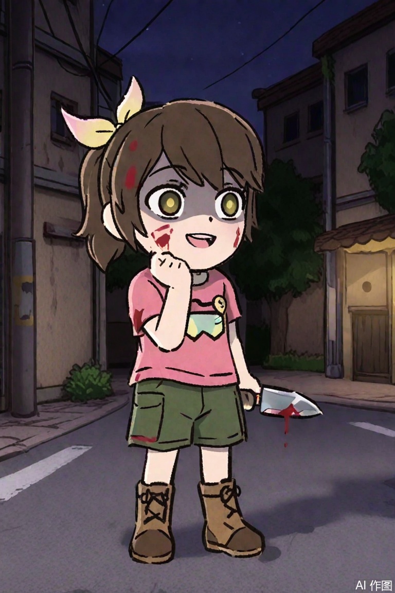 loli,carly(the adventurer1),yandere,blood in hair,sketch,blood on knife,street,ponytai,Pink t-shirt,hair bow,boots,Green shorts