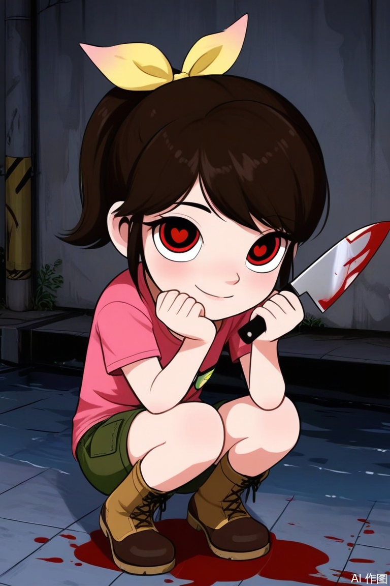 loli,carly(the adventurer1),pink t-shirt,hair bow,Yellow bow,boots,green shorts,yandere,blood in hair,ponytail,green short ,blood on knife,pool of blood,squatting,WKX